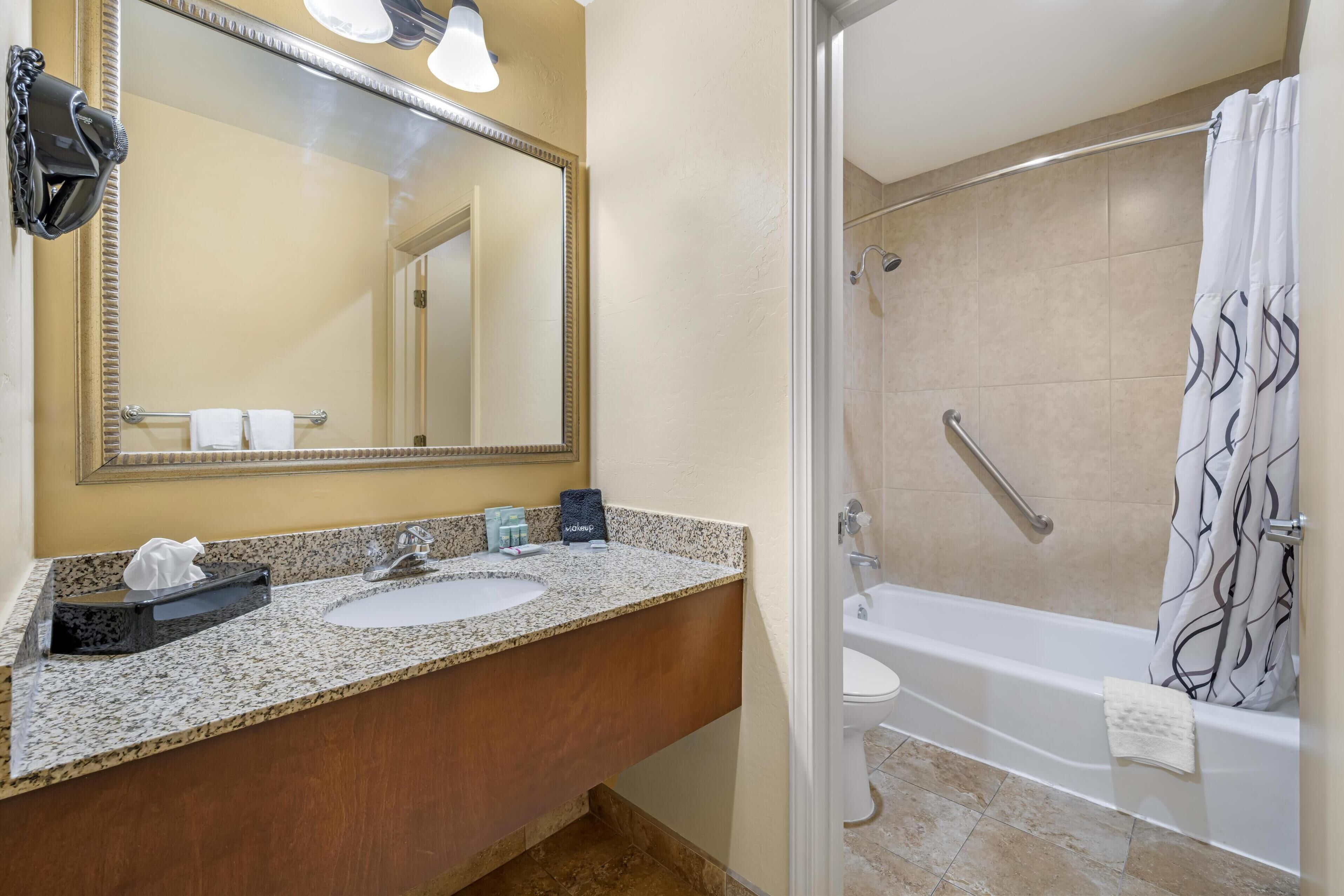Un baño con dos lavamanos, un espejo grande y una zona de ducha con barra de apoyo.