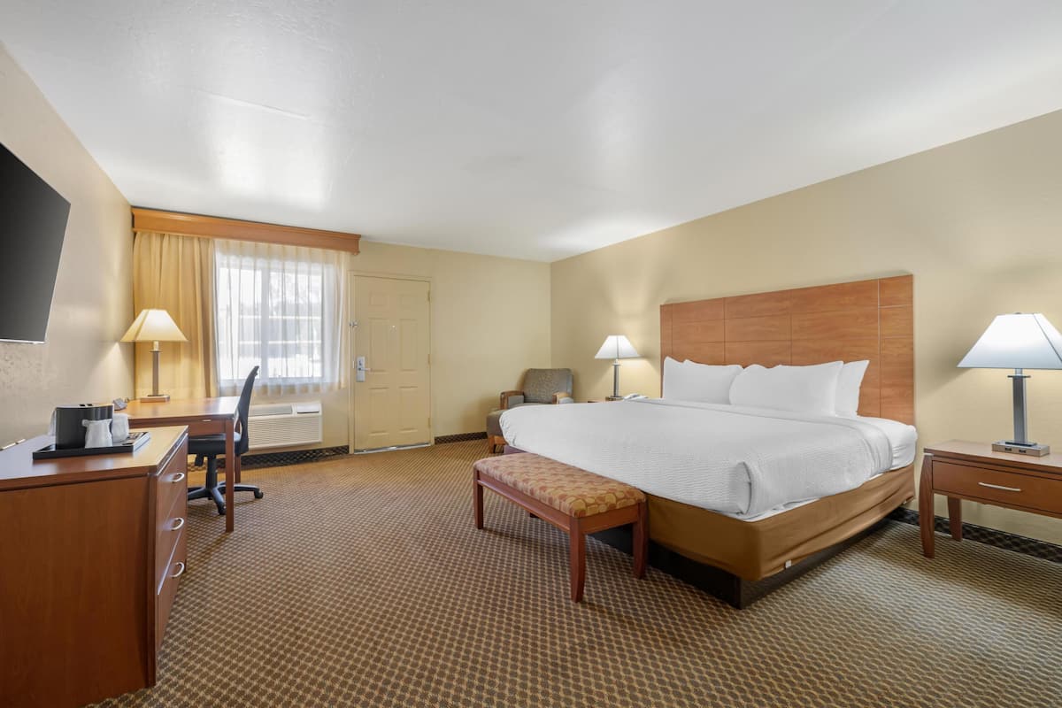 A hotel room with a large bed, a desk, a chair, a bench, two lamps, and a TV.
