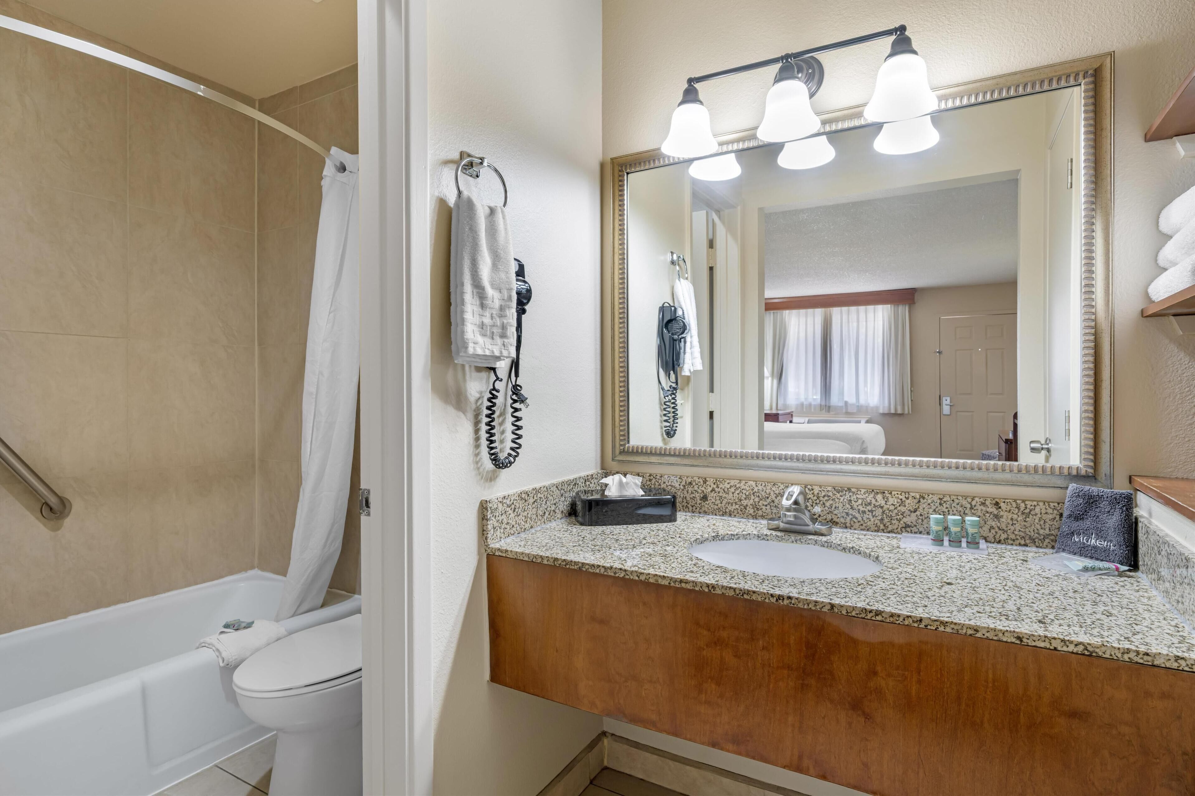 combined shower/bathtub, free toiletries, hair dryer, towels