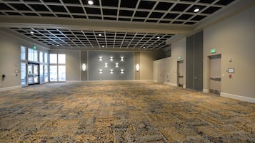 Una amplia sala de conferencias con alfombra estampada, techo modular con iluminación empotrada y vistas al exterior a través de grandes ventanales.
