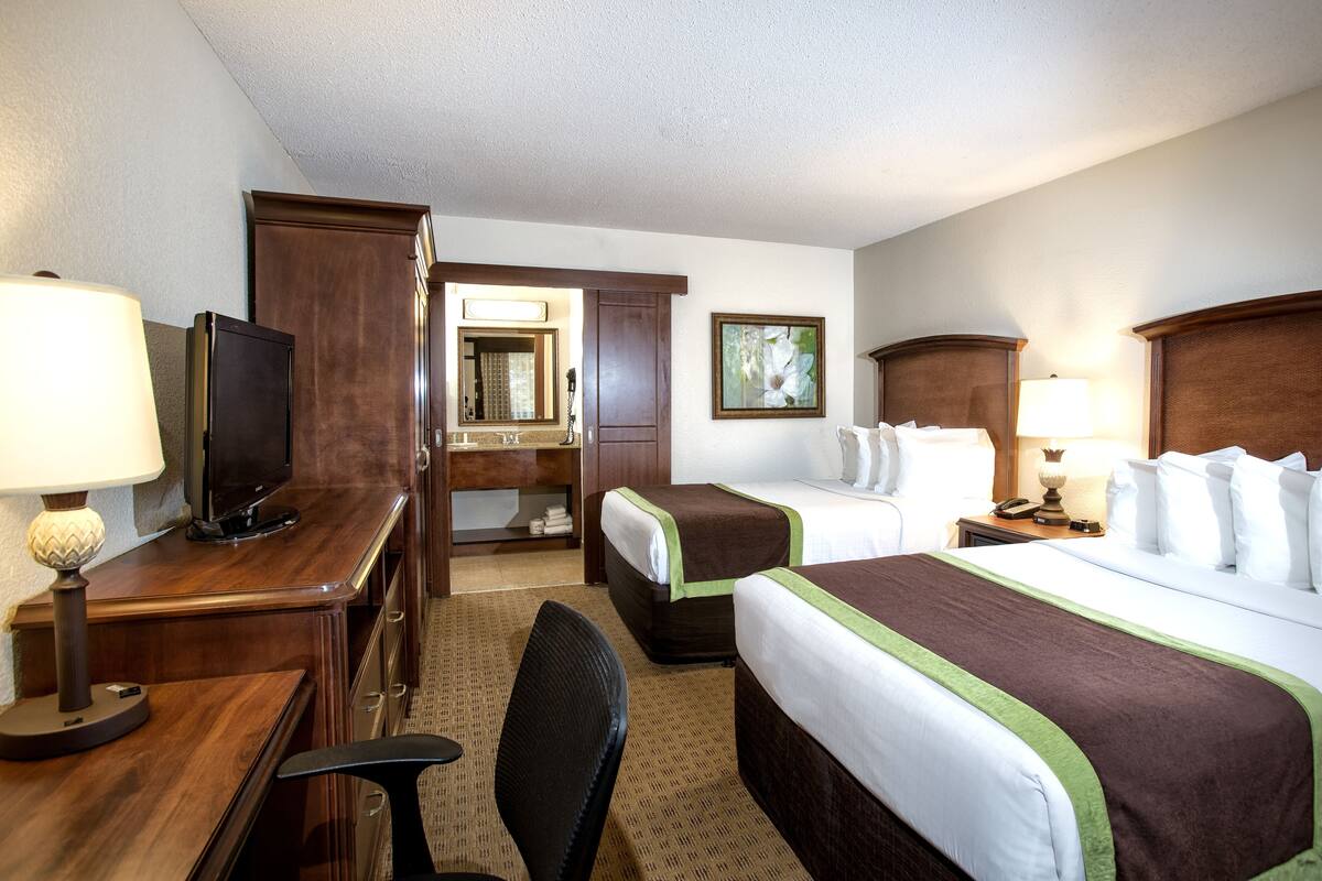 A hotel room with two beds, a desk with a television, a chair, a desk lamp, a mirror, and a framed picture on the wall.