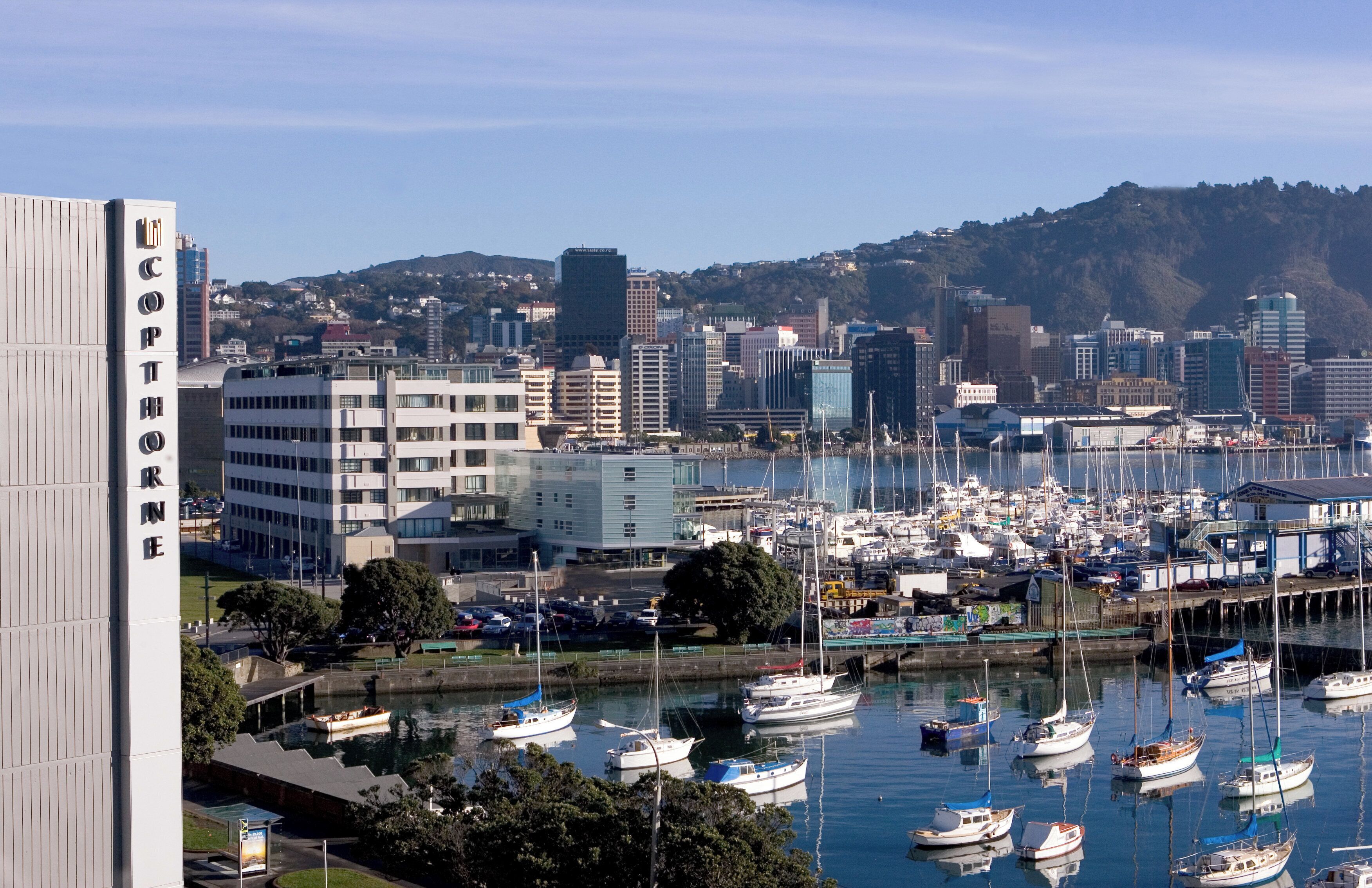 A marina with multiple boats docked, surrounded by urban buildings and a hill in the background.