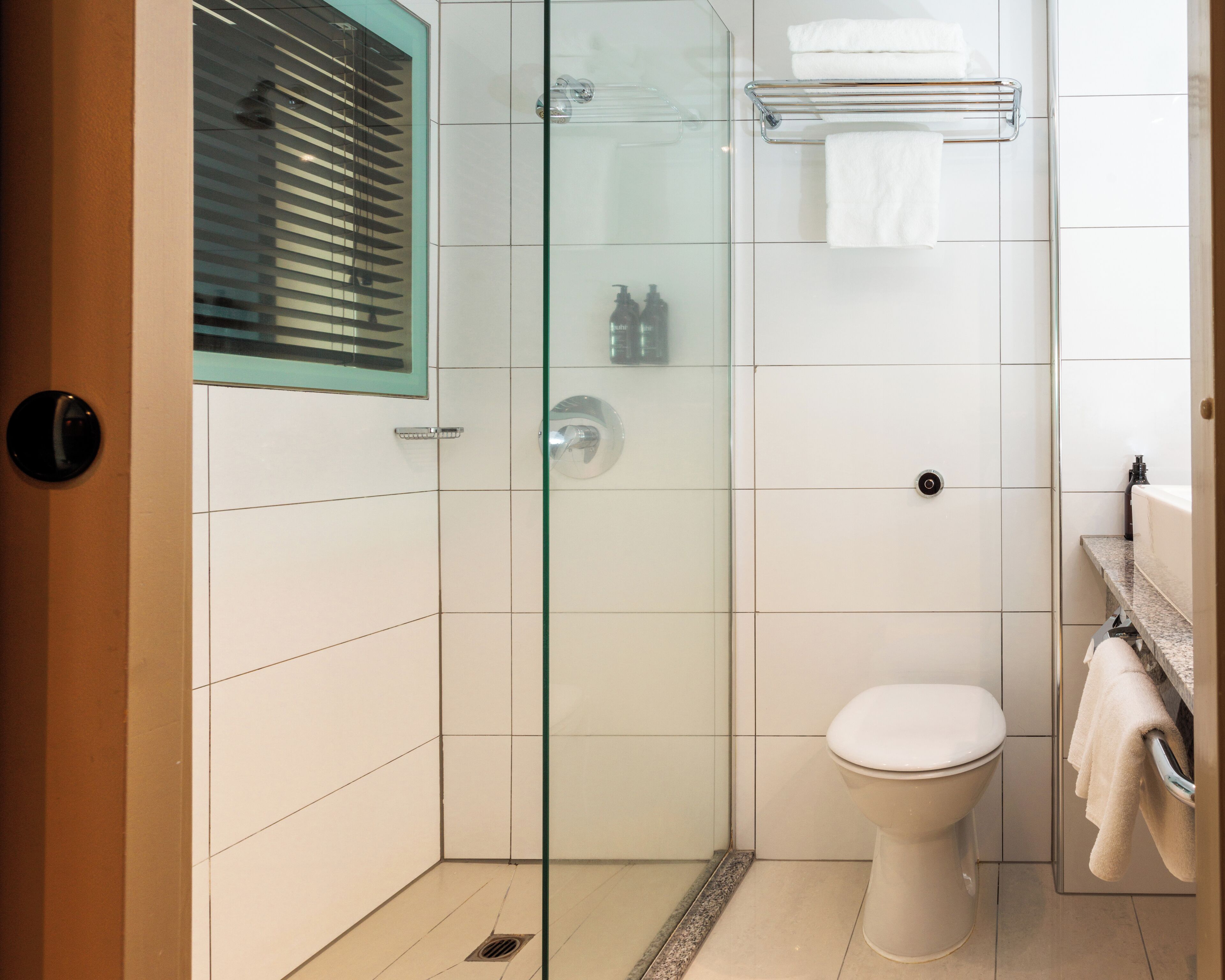 A modern bathroom with a glass shower enclosure, a toilet, and a towel rack.