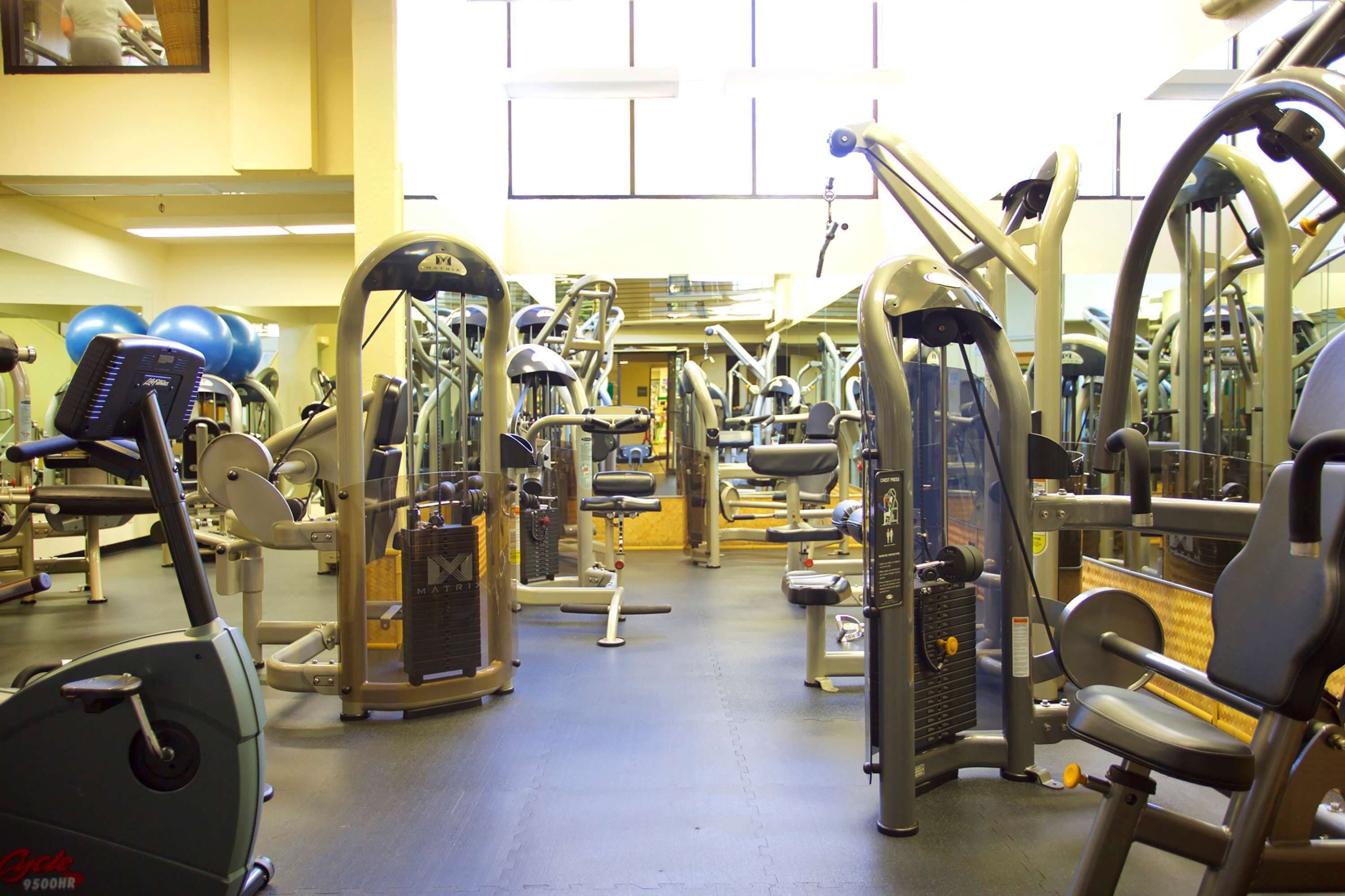 A gym with various exercise machines and equipment.