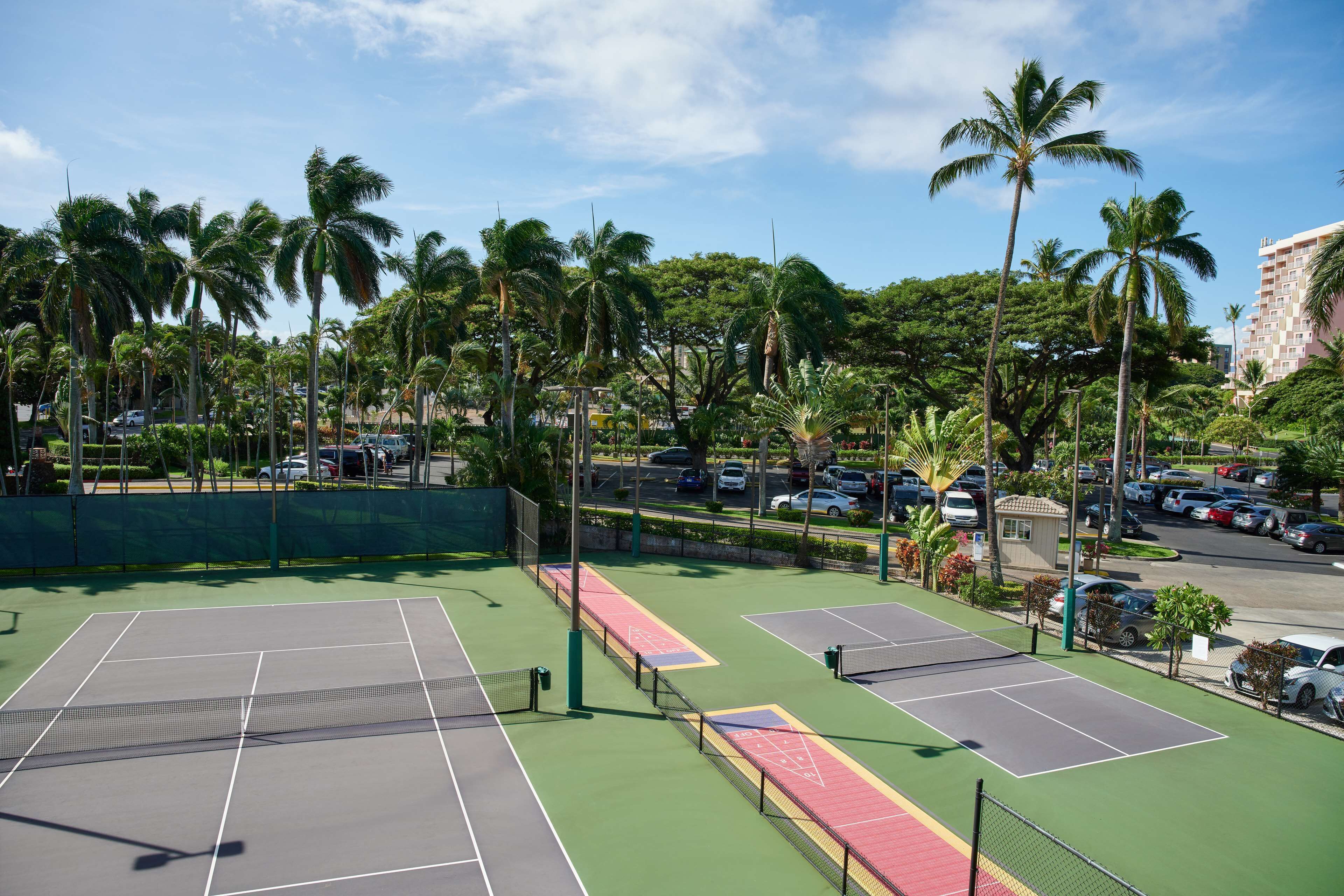 A tennis court with multiple courts, surrounded by palm trees and a parking area.