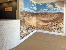 Un área de recepción con un mural panorámico de un cañón, una mesa de recepción y piso de madera.