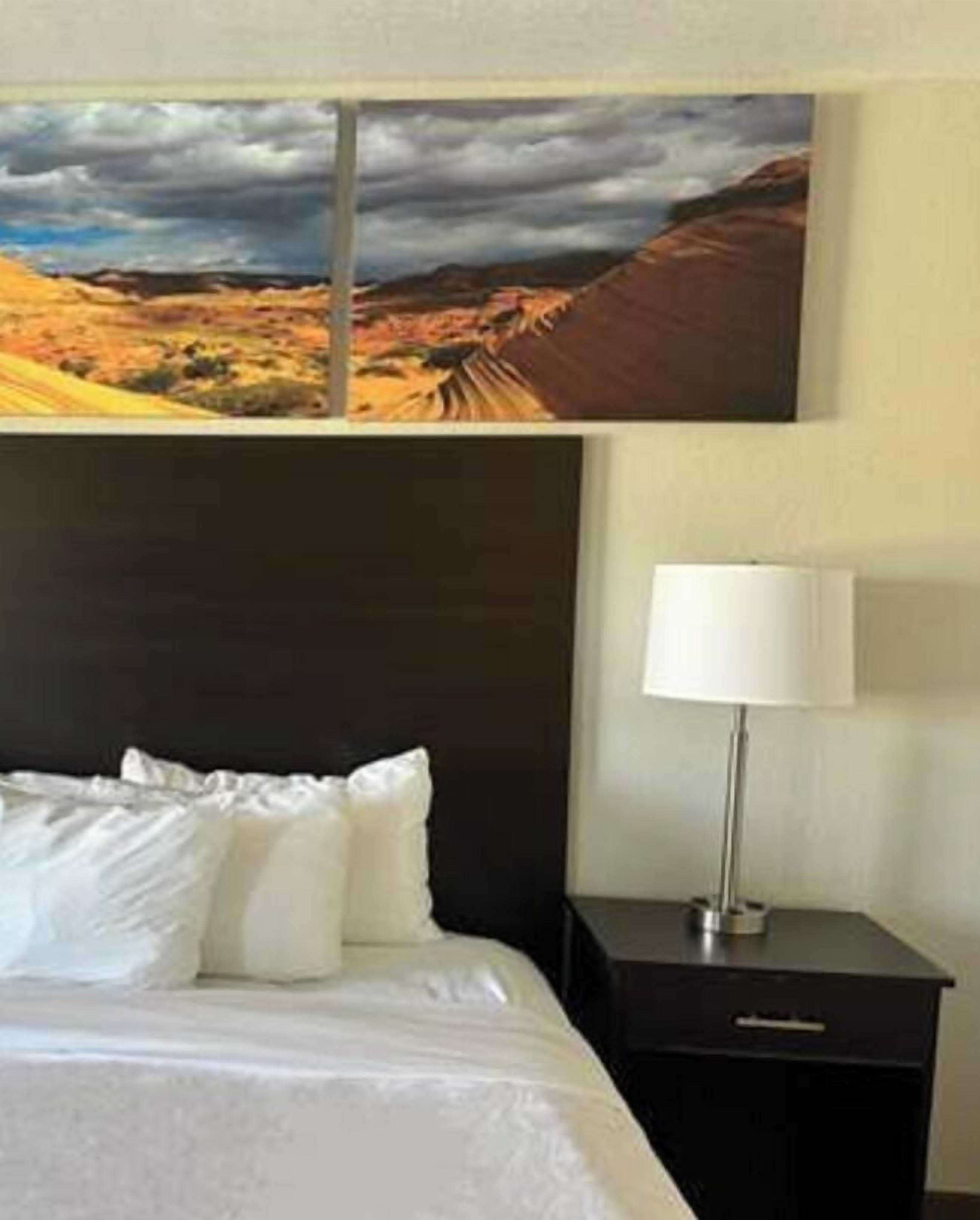 A hotel room with a bed, a nightstand, a lamp, and a painting of a desert landscape.