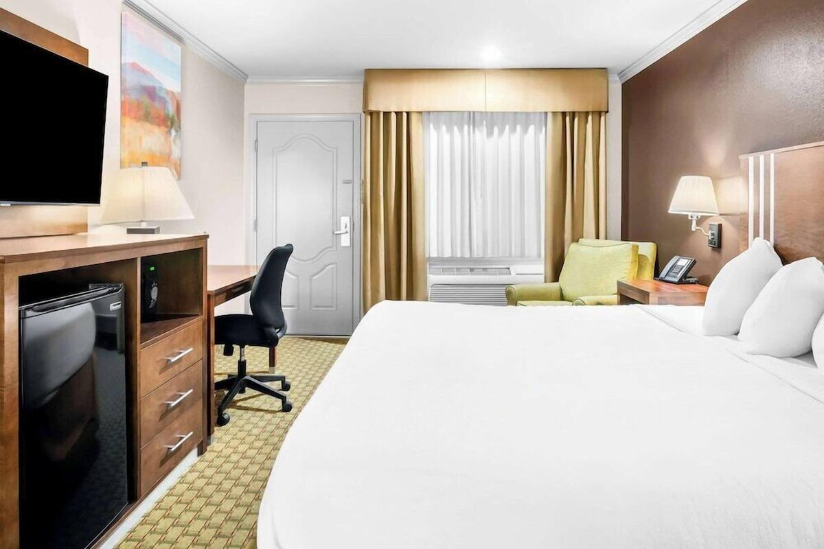 A hotel room with a bed, desk, chair, television, and a window with curtains.