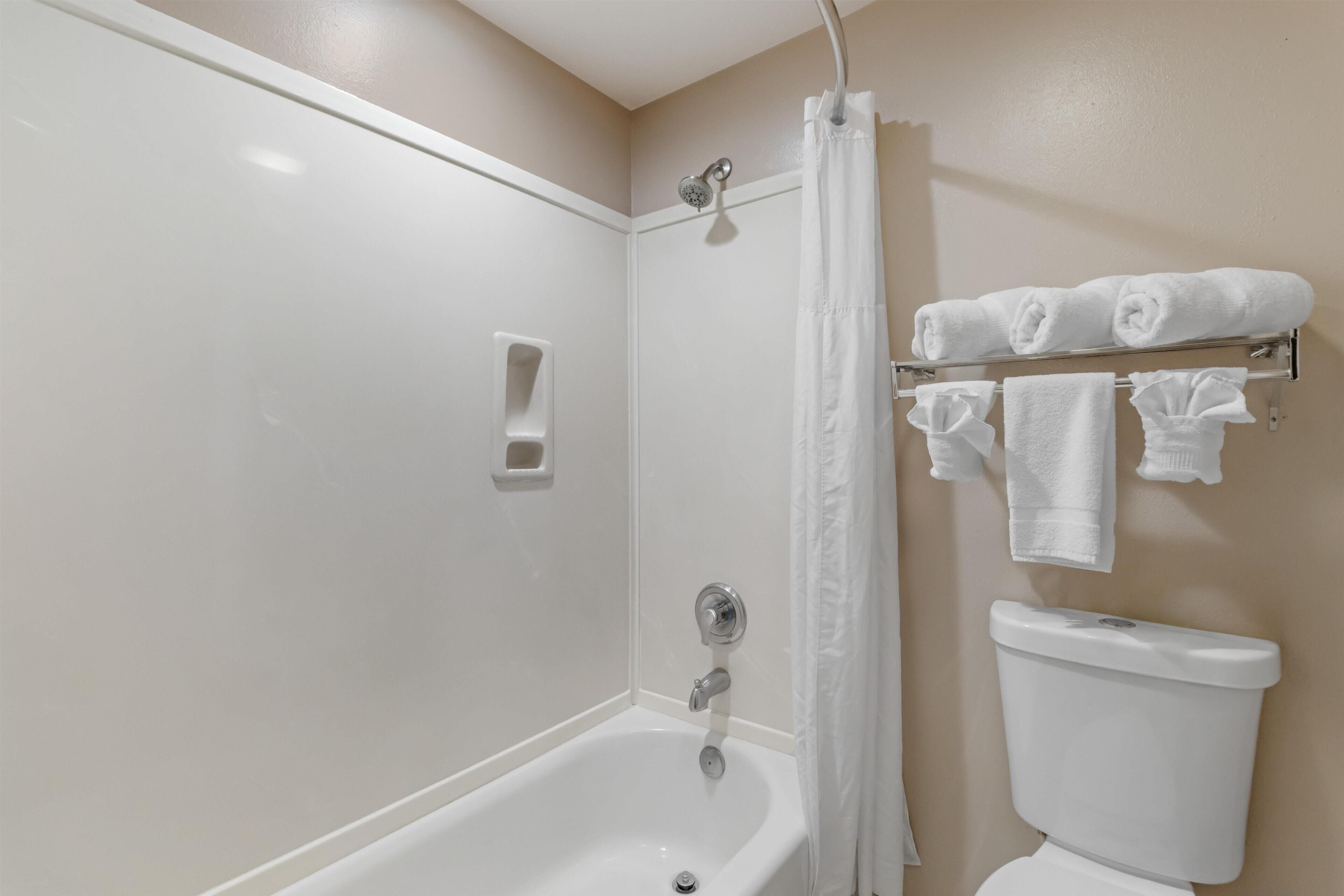 Combined shower/bathtub, free toiletries, hair dryer, towels