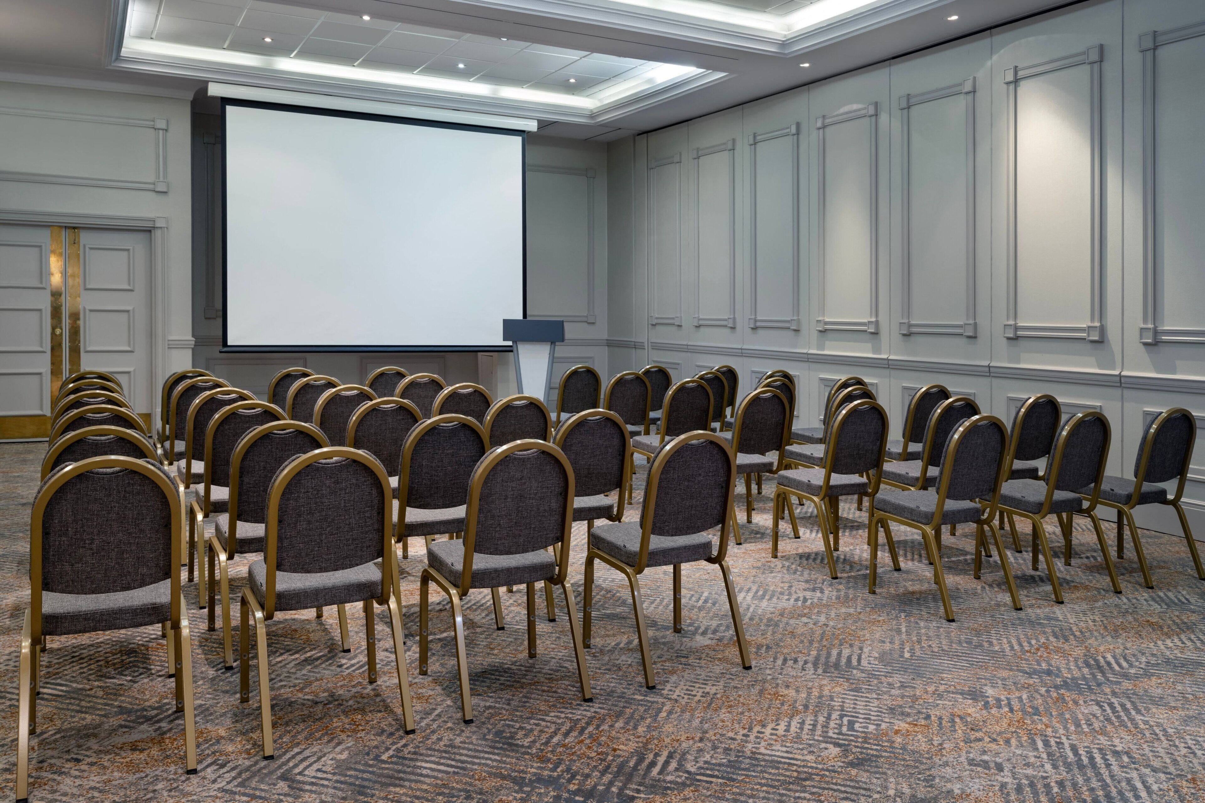 Ein Konferenzraum mit Reihen von Stühlen, einer Projektionsleinwand und einem Teppichboden.