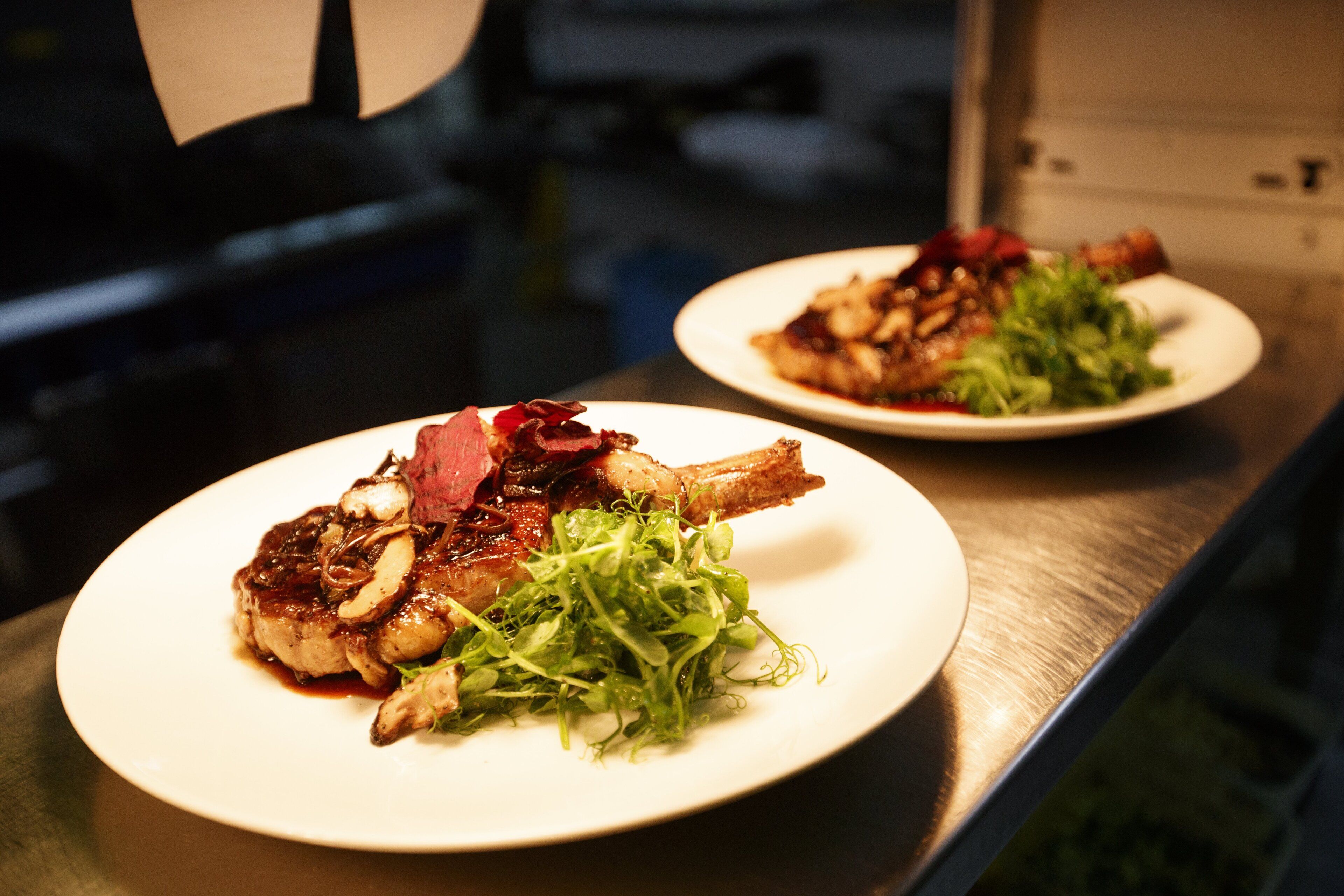 Two plates of food on a stainless steel counter.