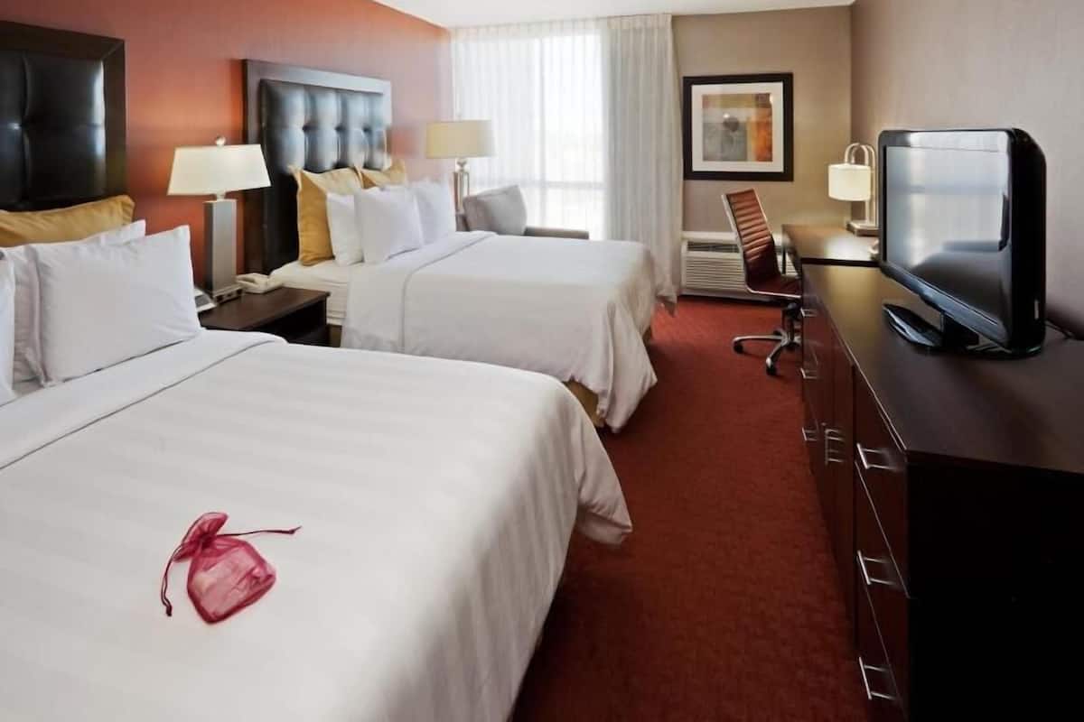 Desk, laptop workspace, blackout curtains, iron/ironing board