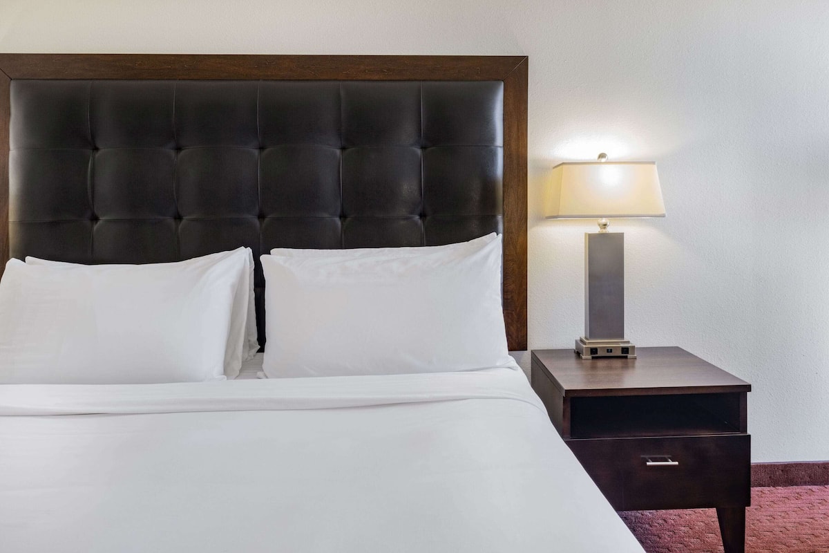 A neatly made bed with a dark headboard and white bedding, a bedside lamp, and a small wooden nightstand with a drawer.