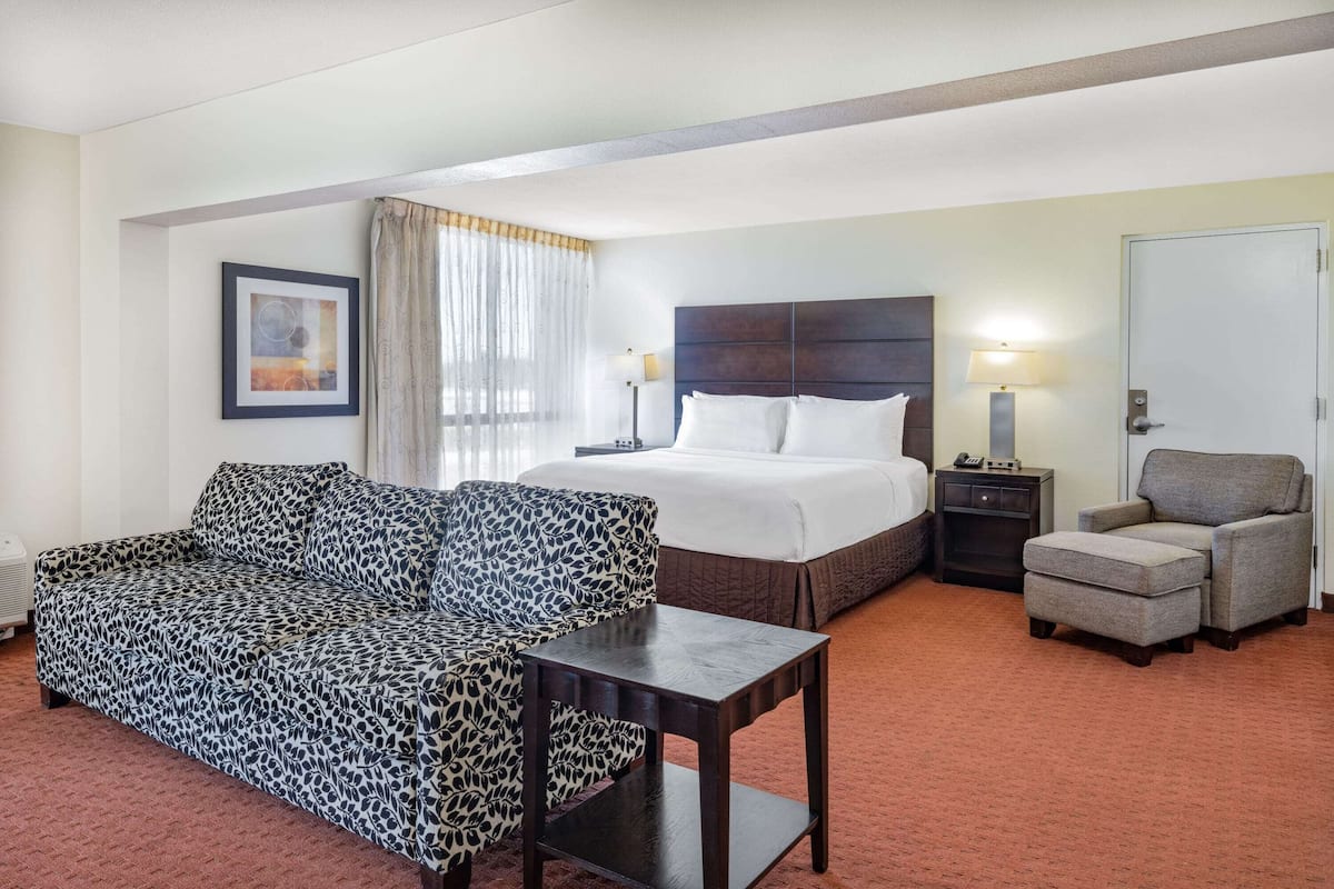 A hotel room with a bed, a sofa, a chair, a nightstand, and a lamp.
