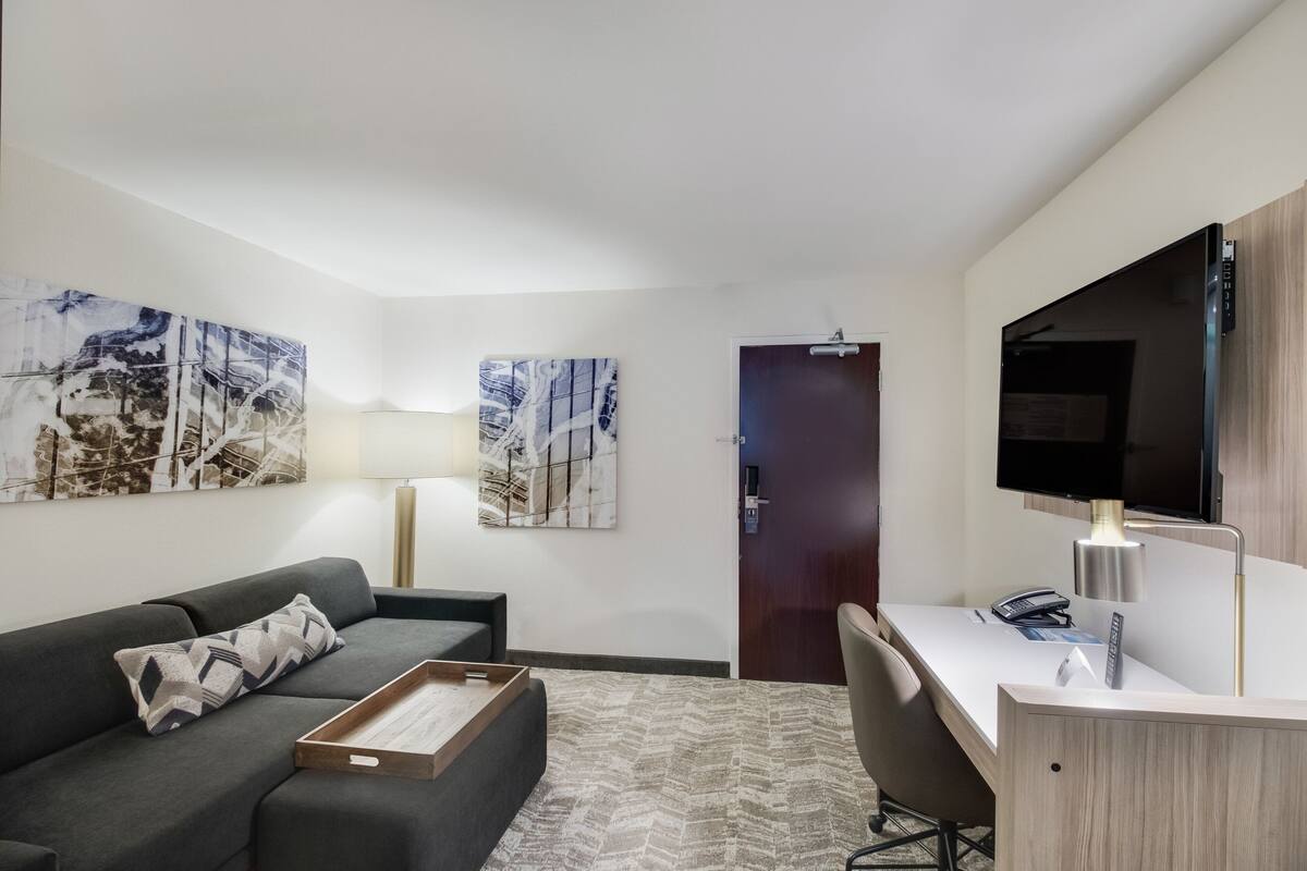 Una habitación de hotel moderna con un sofá gris, una mesita de madera, un escritorio con una silla, un televisor de pantalla plana y arte abstracto en la pared.