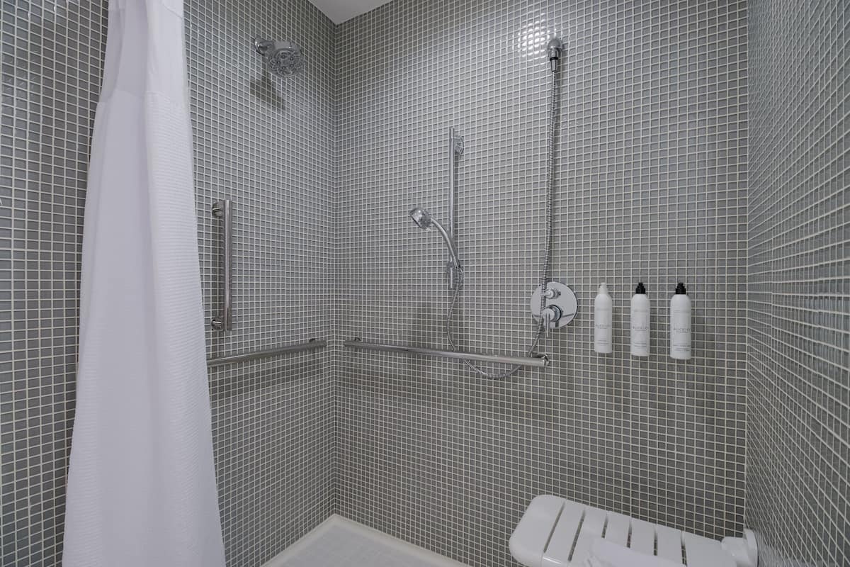 suite, 1 king bed with sofa bed | bathroom | combined shower/bathtub, eco-friendly toiletries, hair dryer, towels