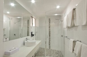 Shower, eco-friendly toiletries, hair dryer, towels