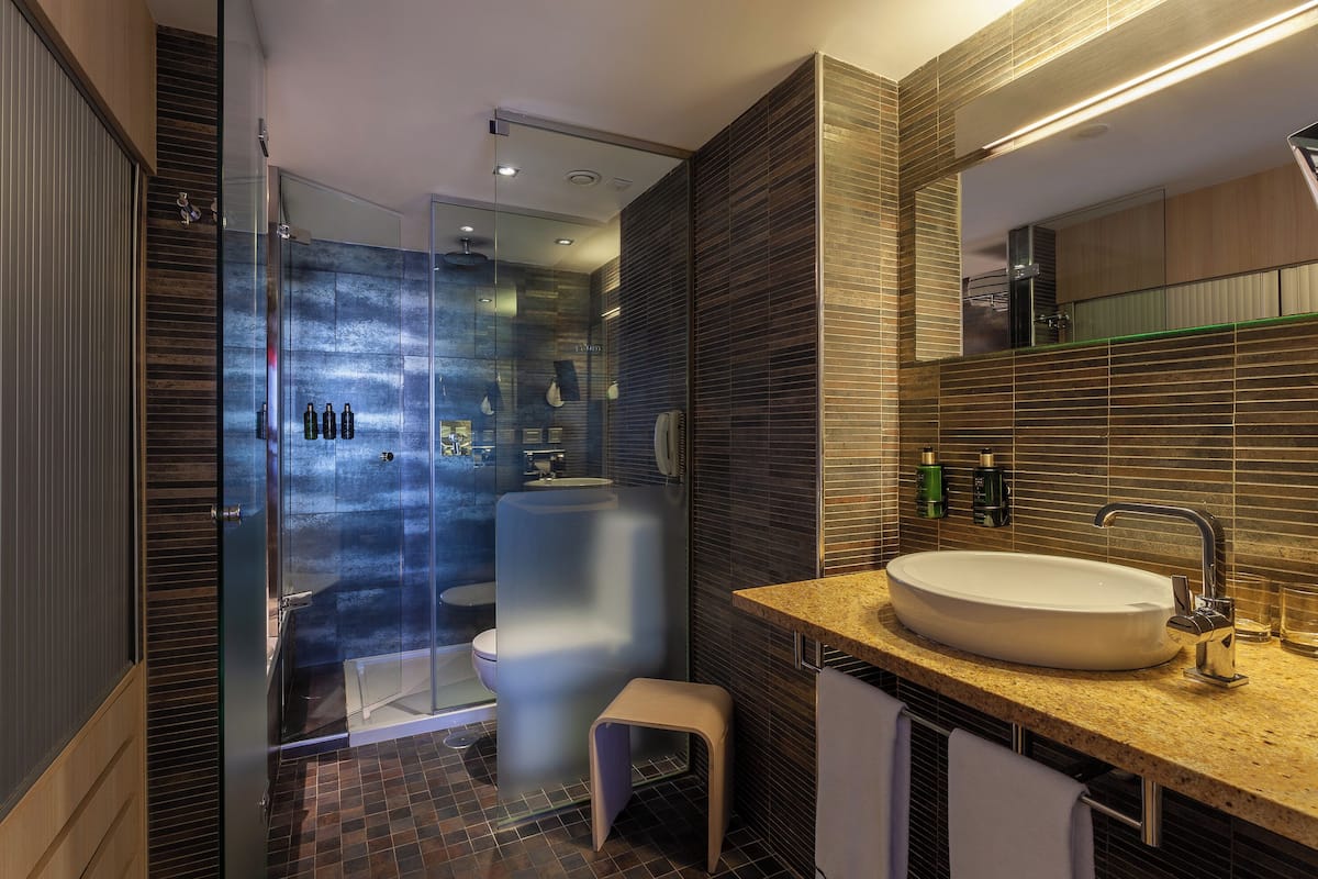 Eco-friendly toiletries, hair dryer, towels, soap