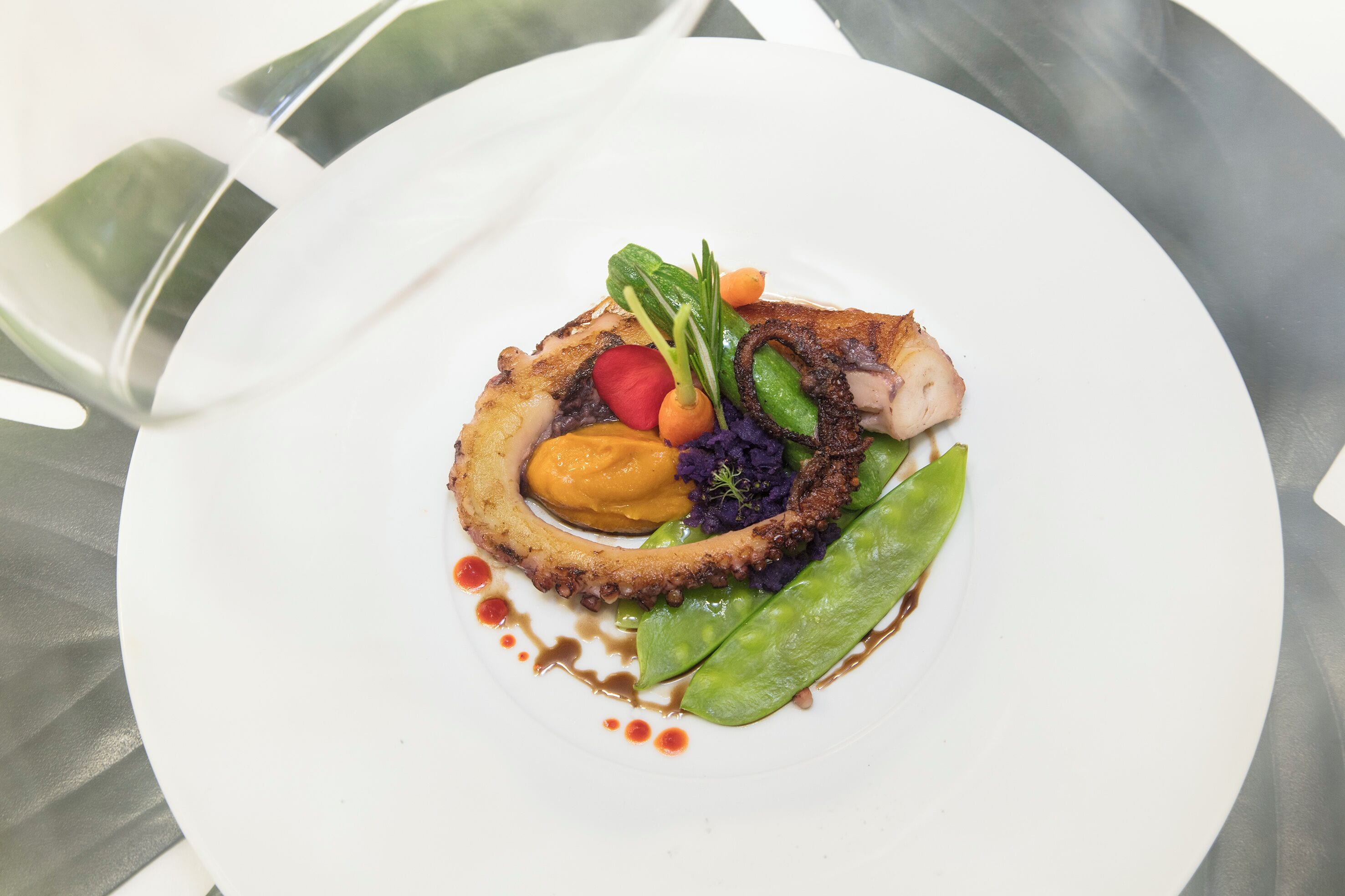 A white plate with a dish of food, including a piece of meat, vegetables, and sauce.