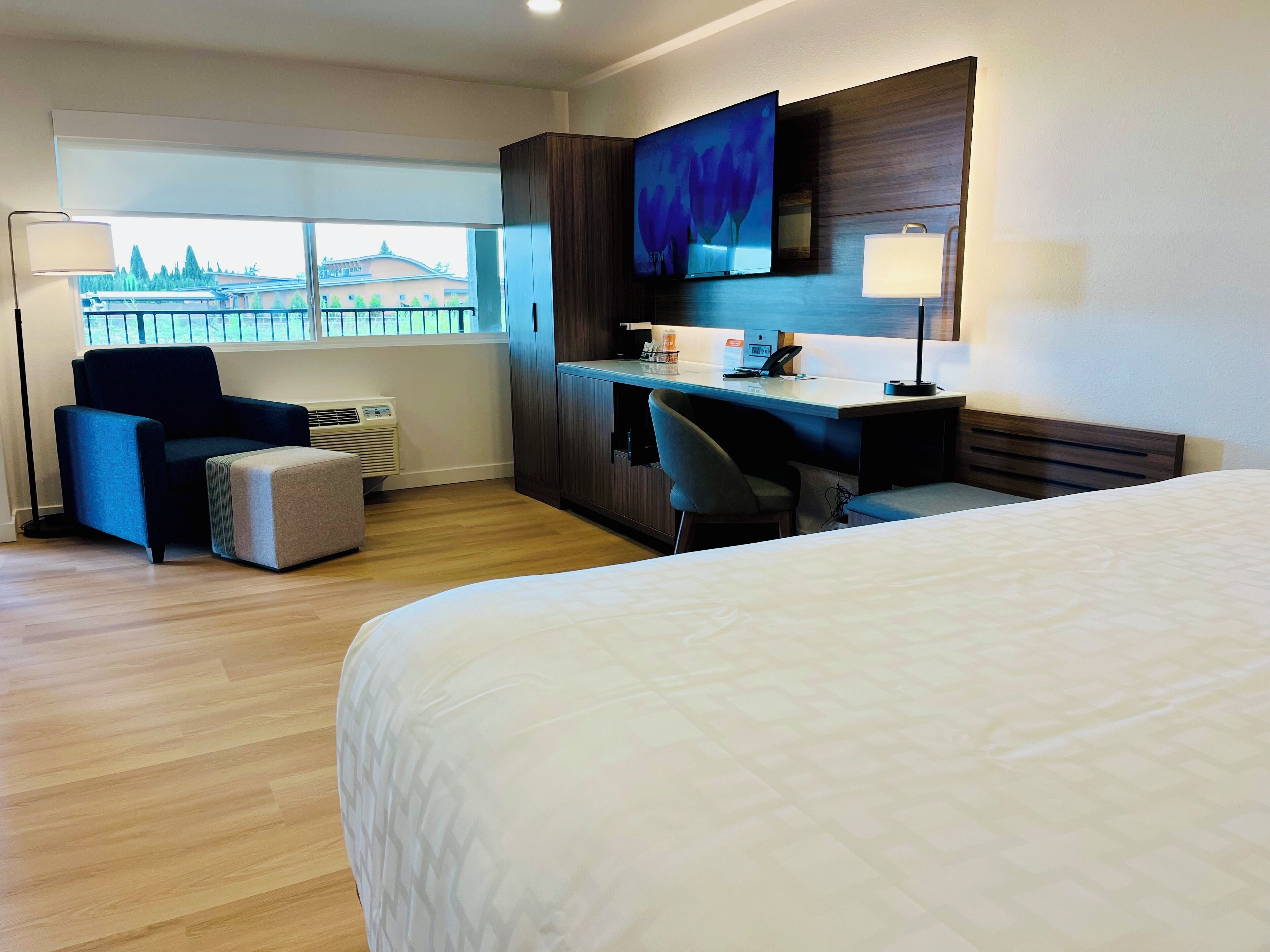 Habitación de hotel con una cama grande, un escritorio con ordenador, una silla, televisión y ventana con vistas a edificios.