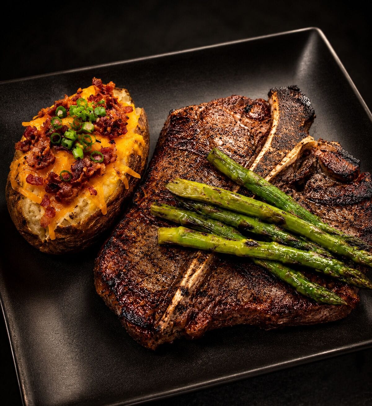A steak with asparagus and a baked potato topped with cheese and bacon.