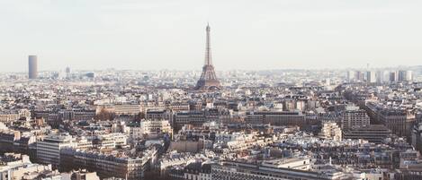 A panoramic view of a cityscape with the Eiffel Tower in the center, surrounded by dense urban buildings.