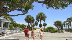 A wooden boardwalk with white railings, palm trees, and a clear blue sky. - Holiday Inn Express Hilton Head Island by IHG (Hilton Head Island)