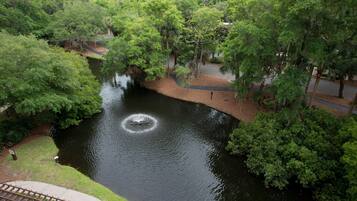 Un río con una fuente en un parque rodeado de árboles.
