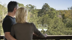 A couple embracing on a balcony overlooking a forested area. - Holiday Inn Express Hilton Head Island by IHG (Hilton Head Island)