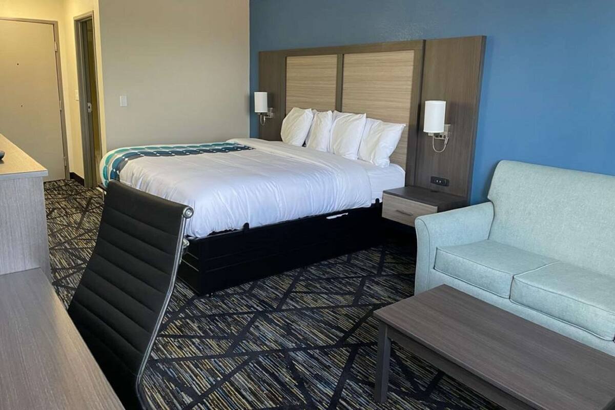 A hotel room with a bed, a desk, a chair, a sofa, and a nightstand with lamps.