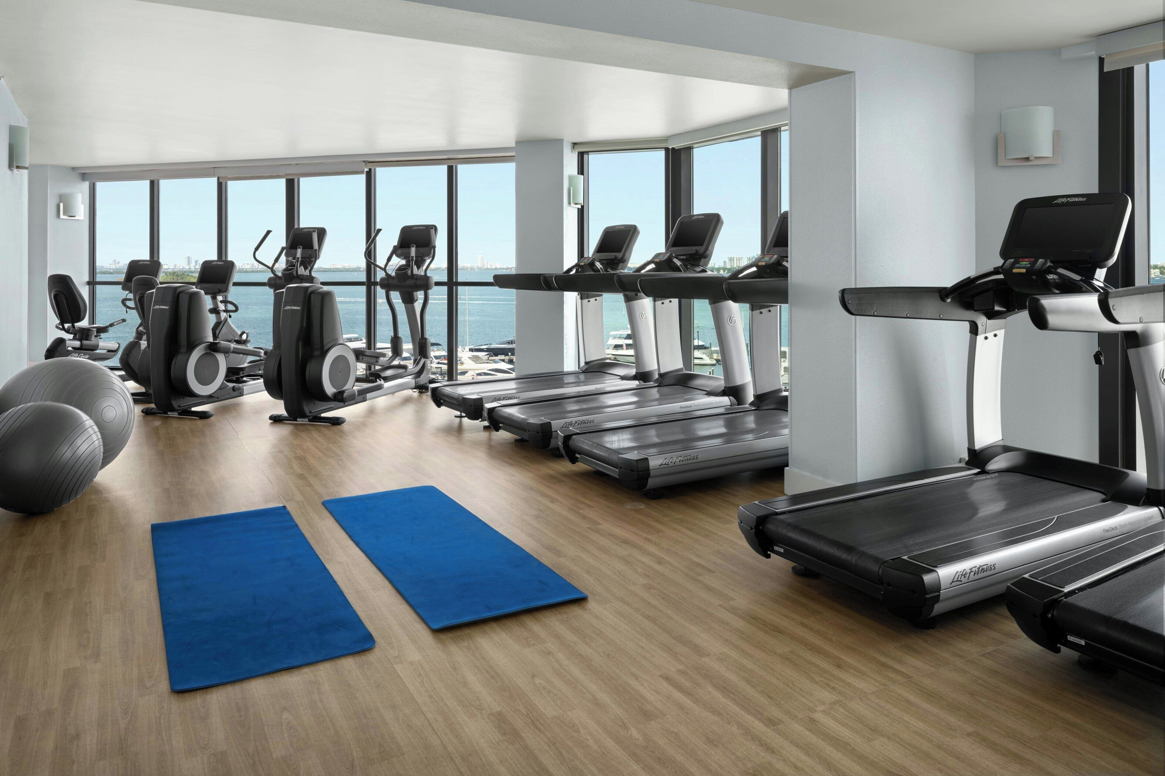 Un gimnasio con cintas de correr, elípticas y pelotas de ejercicio, con amplias ventanas que dan a una masa de agua.