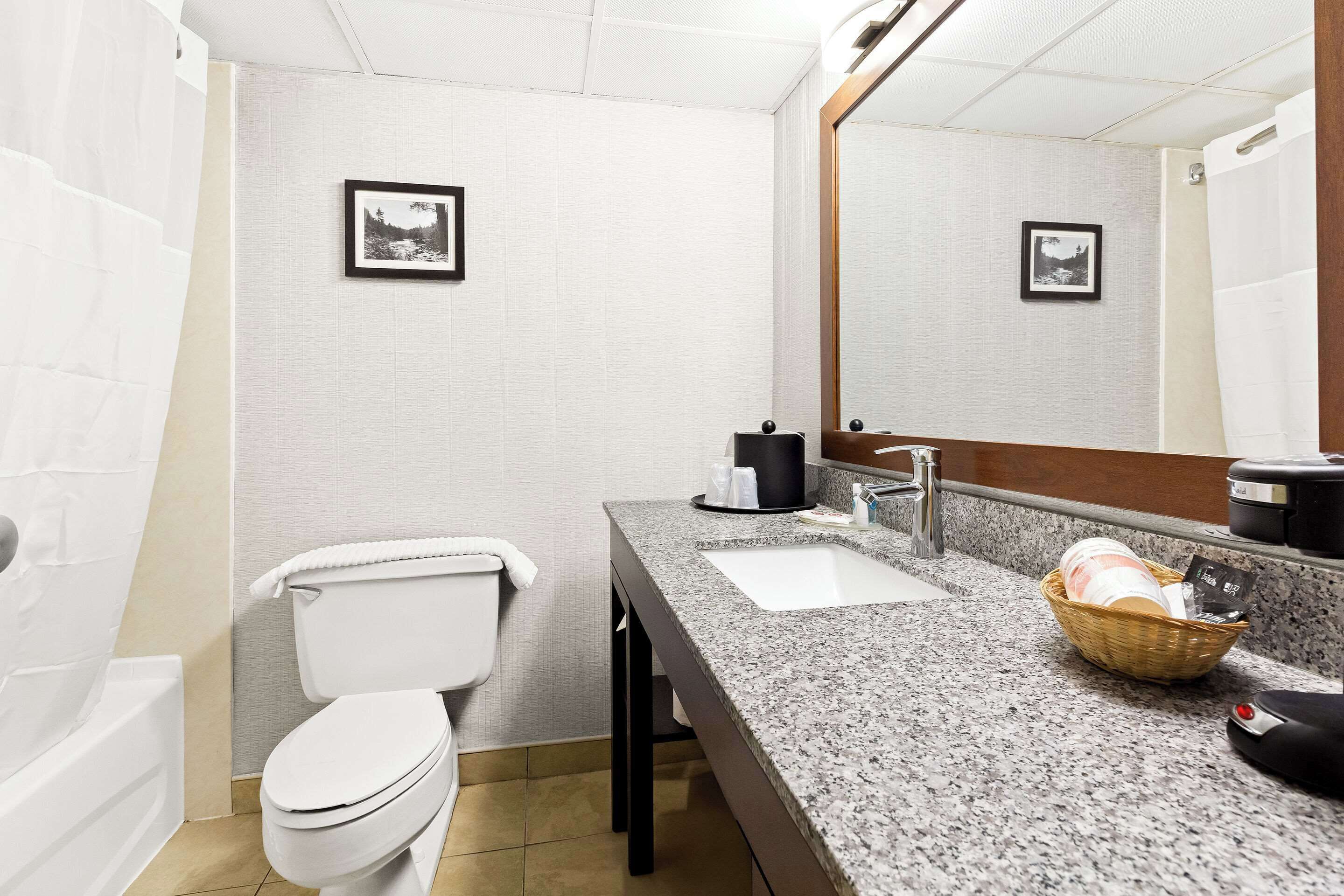 A modern bathroom with a white toilet, a granite countertop sink, and a large mirror.