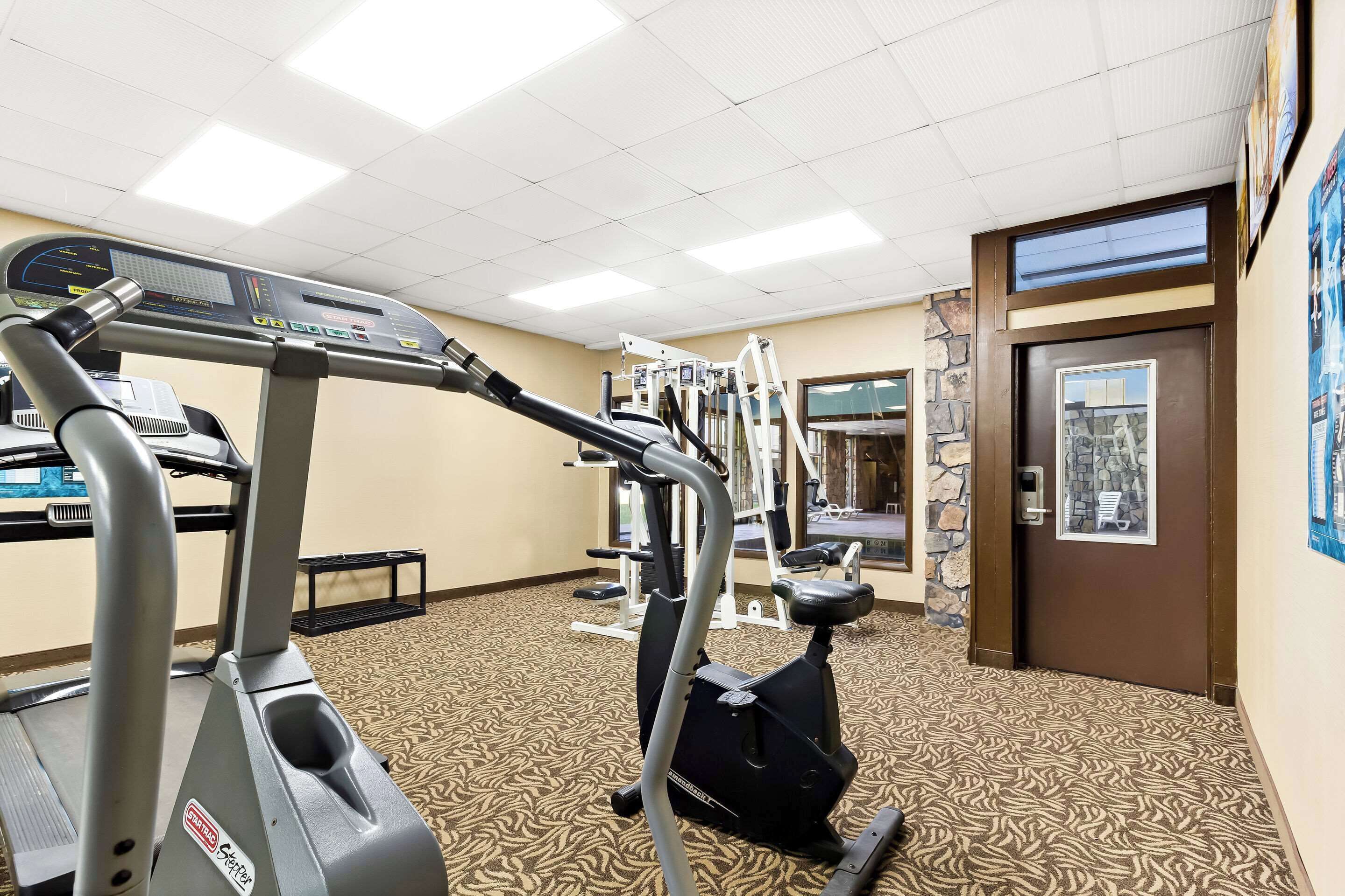 Ein Fitnessstudio mit Laufbändern, Crosstrainern und Kraftgeräten.