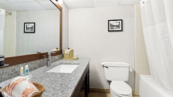 Un baño con encimera de granito, inodoro blanco y dos cuadros en la pared.