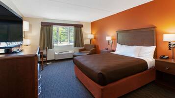 Desk, laptop workspace, blackout curtains, iron/ironing board