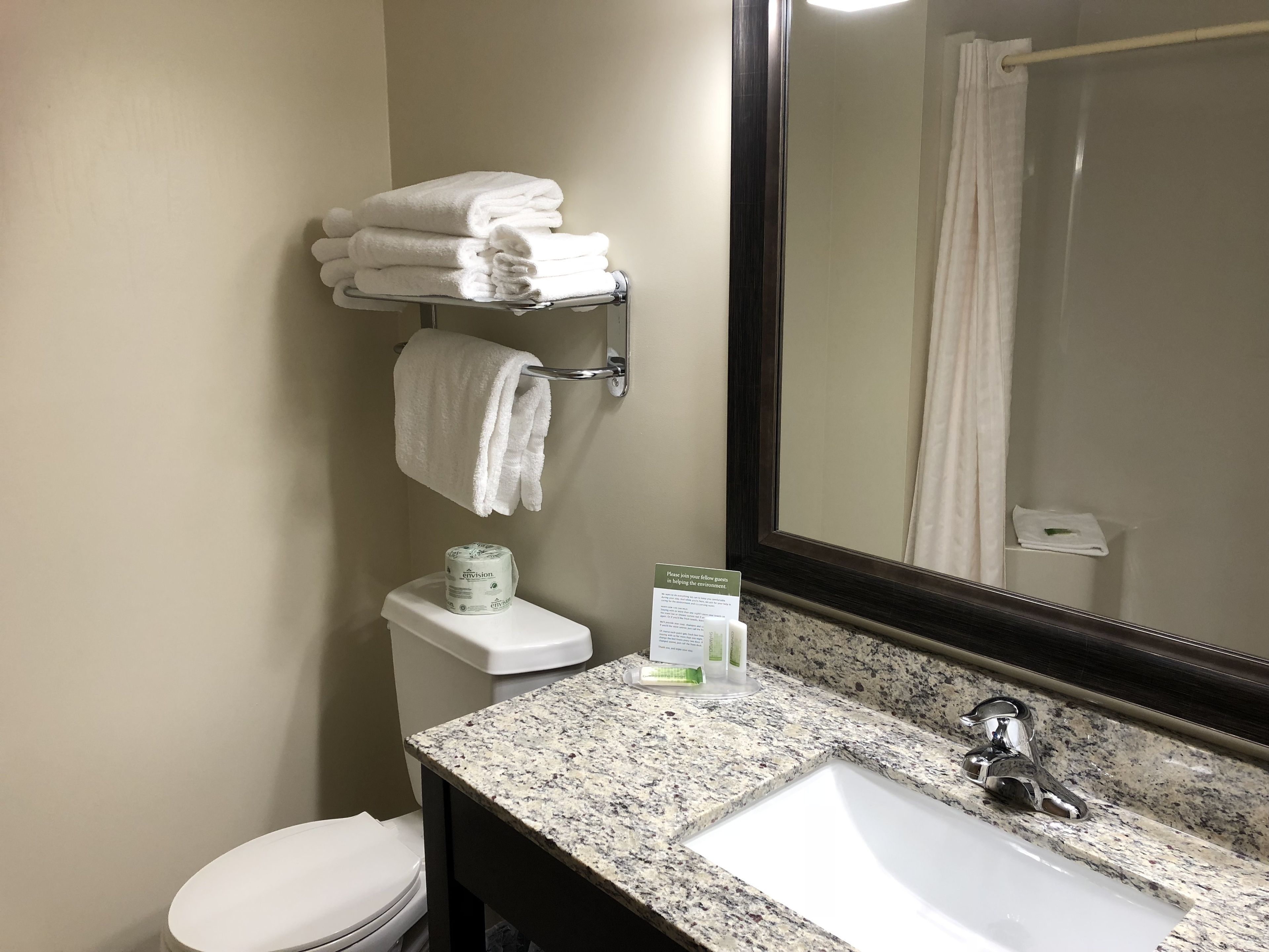 combined shower/bathtub, free toiletries, hair dryer, towels