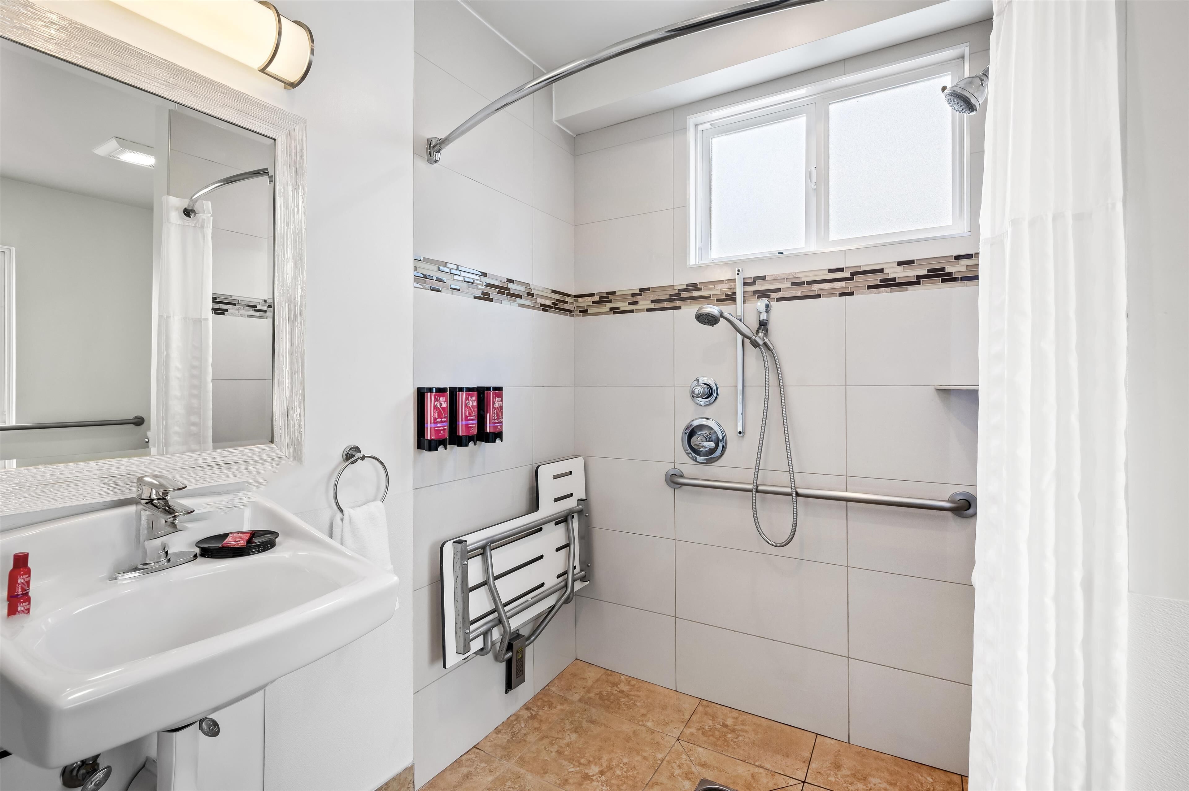 standard room, 1 queen bed, accessible, non smoking | bathroom | hydromassage showerhead, eco-friendly toiletries, hair dryer, towels