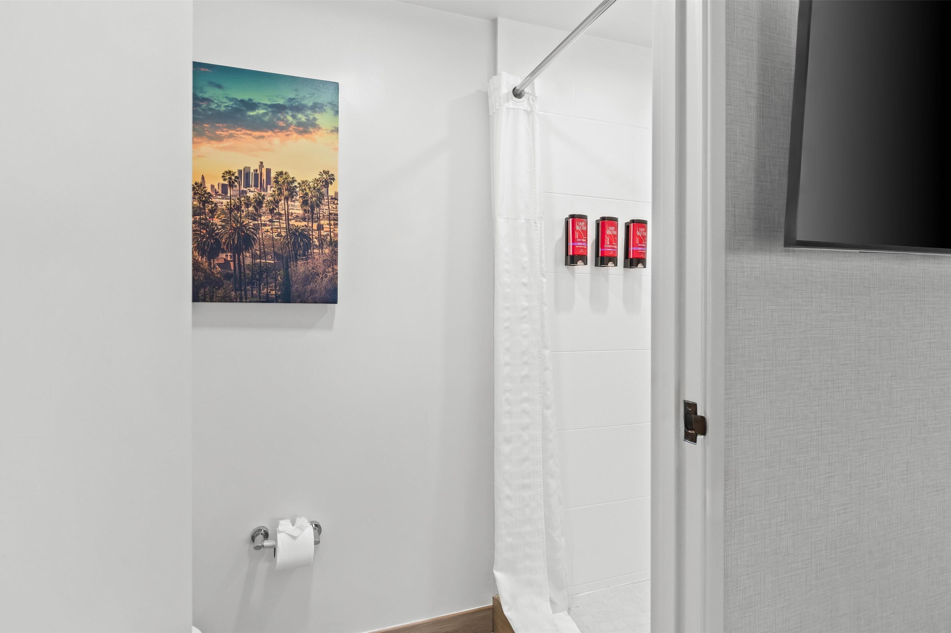 A bathroom with a white shower curtain, a toilet paper holder, and a framed picture of a cityscape.