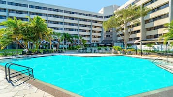 Outdoor pool, a heated pool, pool loungers