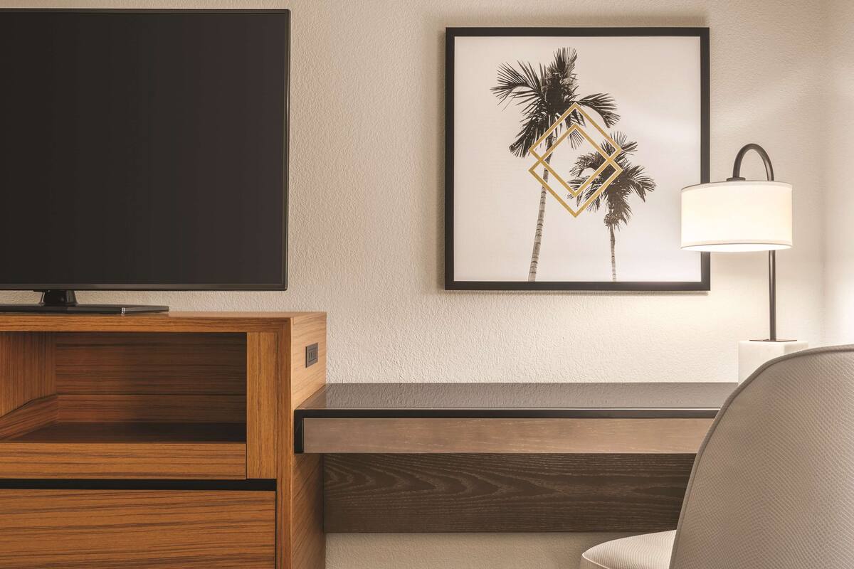 A modern hotel room with a flat-screen TV, a framed picture of palm trees, a lamp, and a wooden desk.