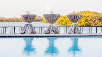 Outdoor pool, a heated pool, pool loungers