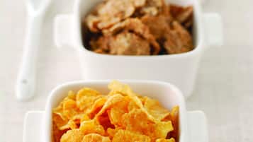 Tres bols de ceràmica blanca amb anses, cada un amb un tipus diferent de cereal.