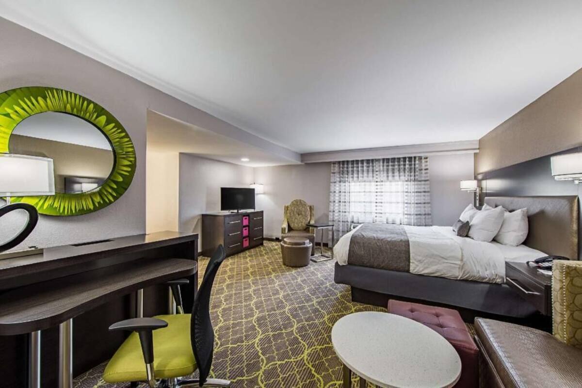 A hotel room with a bed, desk, chair, TV, and a large mirror.