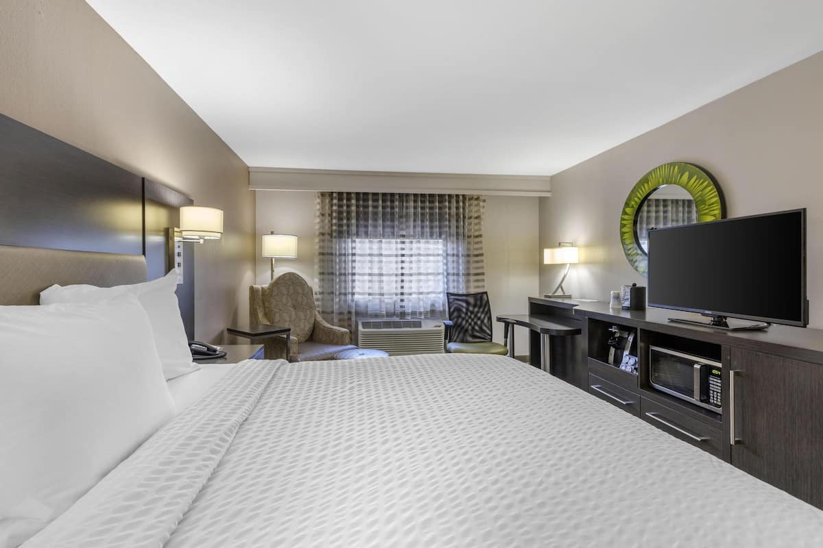 A hotel room with a large bed, a desk with a flat-screen TV, a chair, a desk lamp, and a large mirror on the wall.