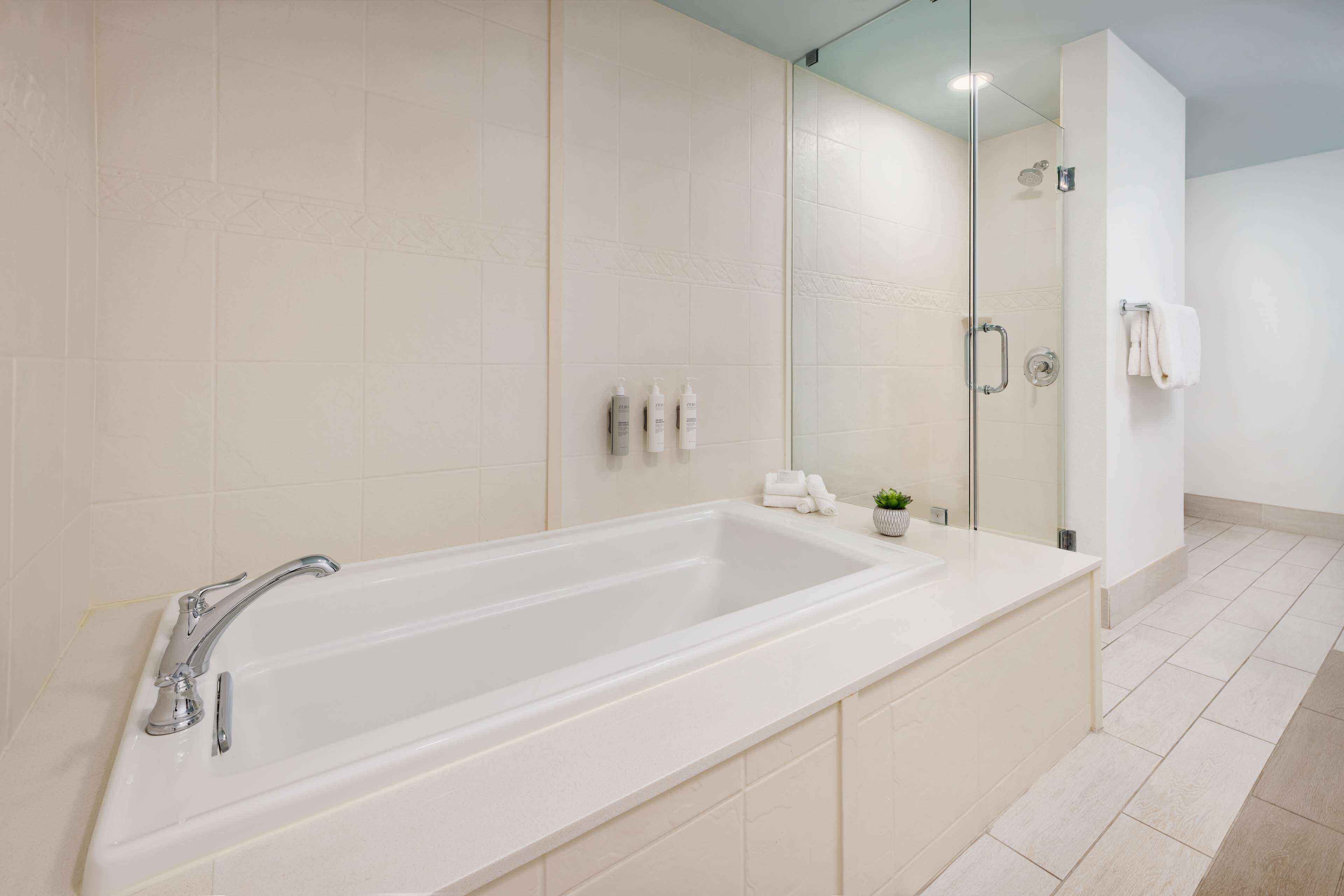 Un baño moderno con una bañera grande, un box de ducha de vidrio y una pequeña planta en maceta sobre el mostrador.