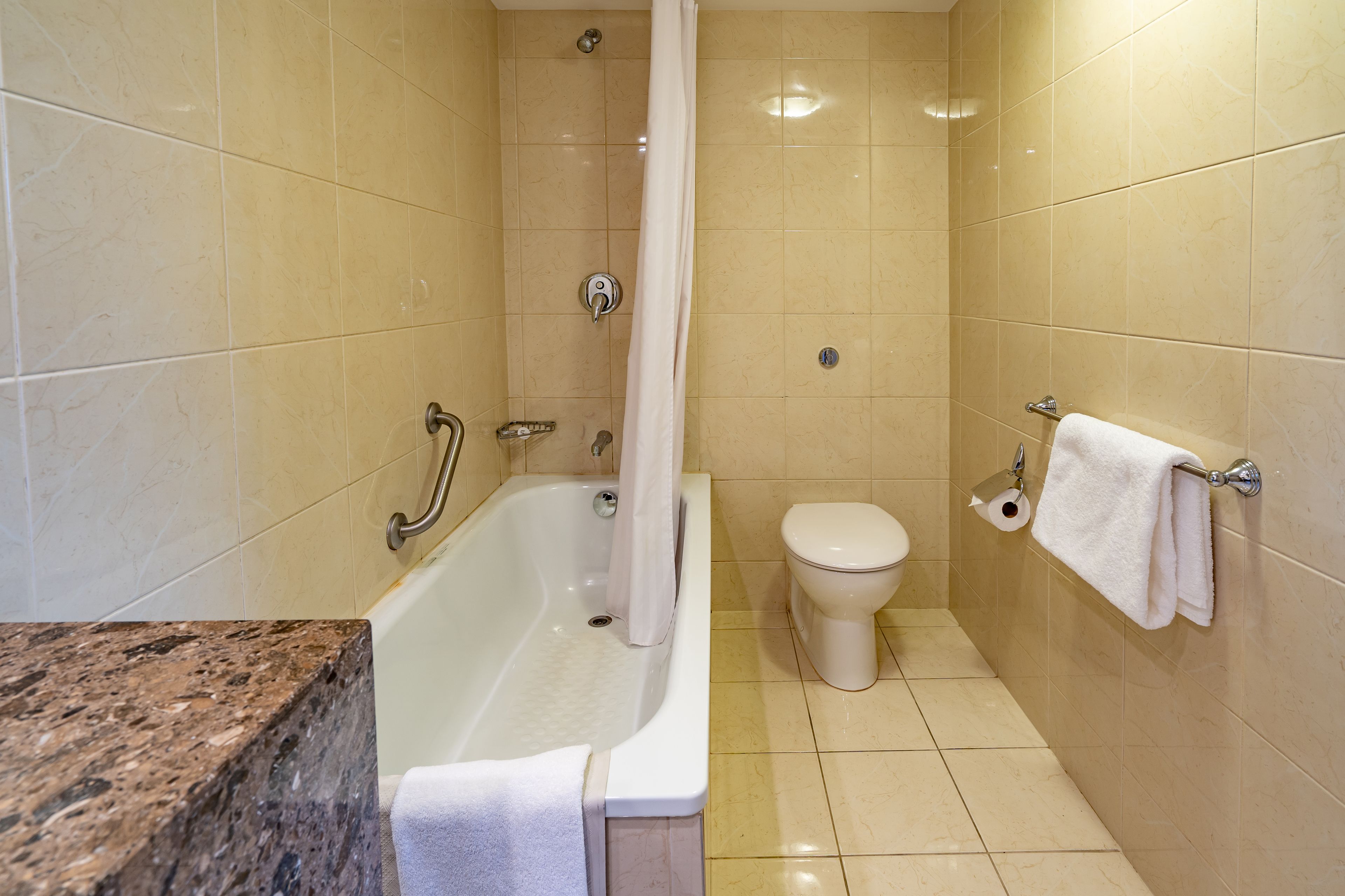 Ein Badezimmer mit einer Badewanne, Toilette und einem Handtuchhalter.