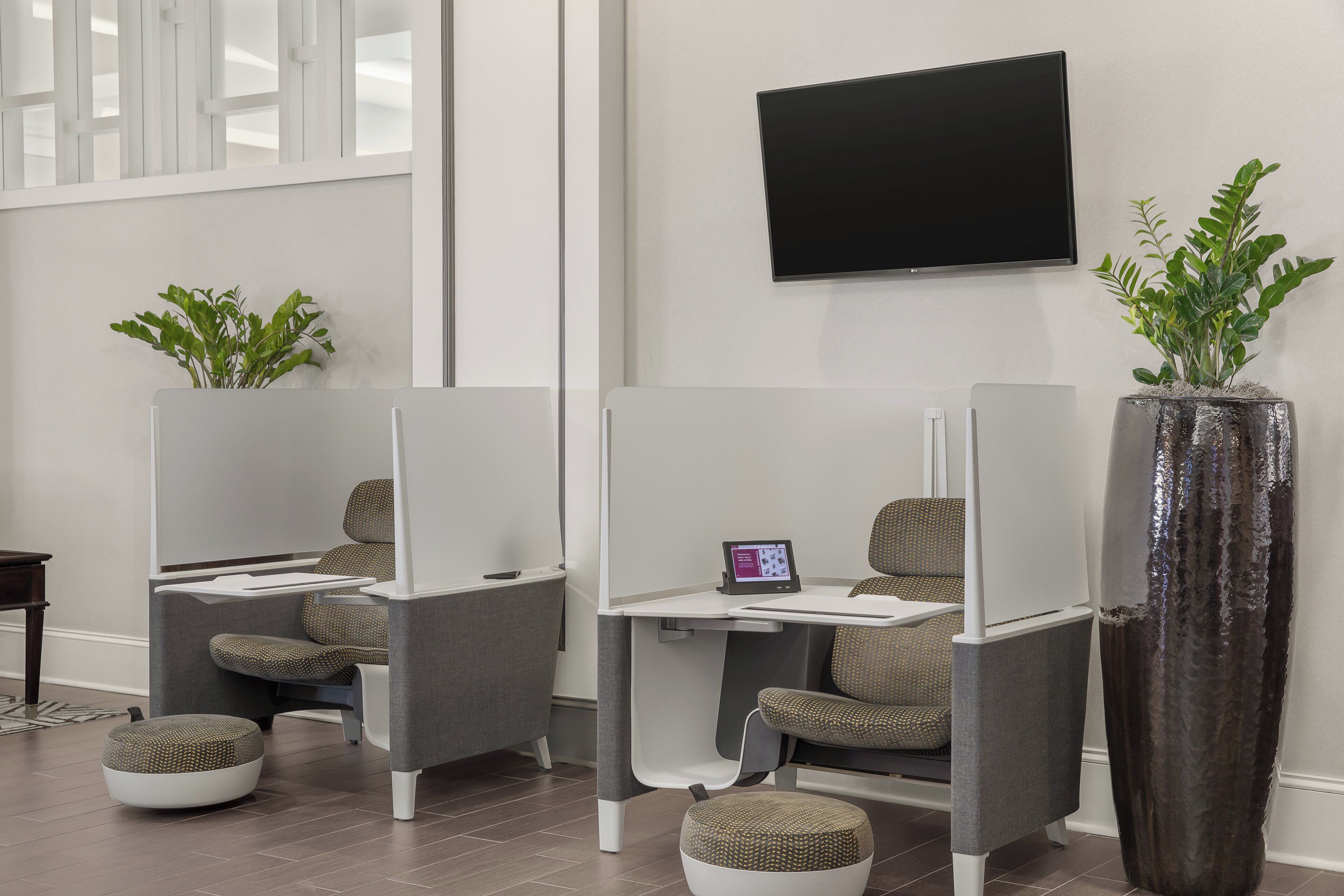 A modern office space with cubicles, a large flat-screen TV, and potted plants.