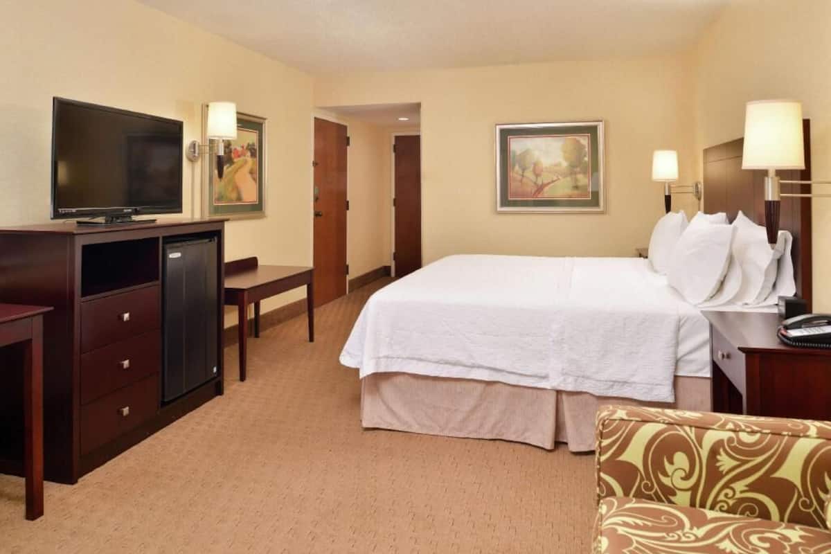 A hotel room with a bed, a television, a desk, a chair, and a painting on the wall.