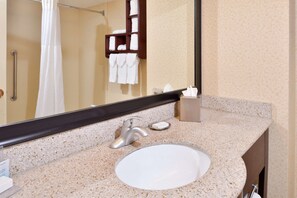Bathroom features a large mirror, a white sink with a single faucet, and a soap dish on the countertop.
