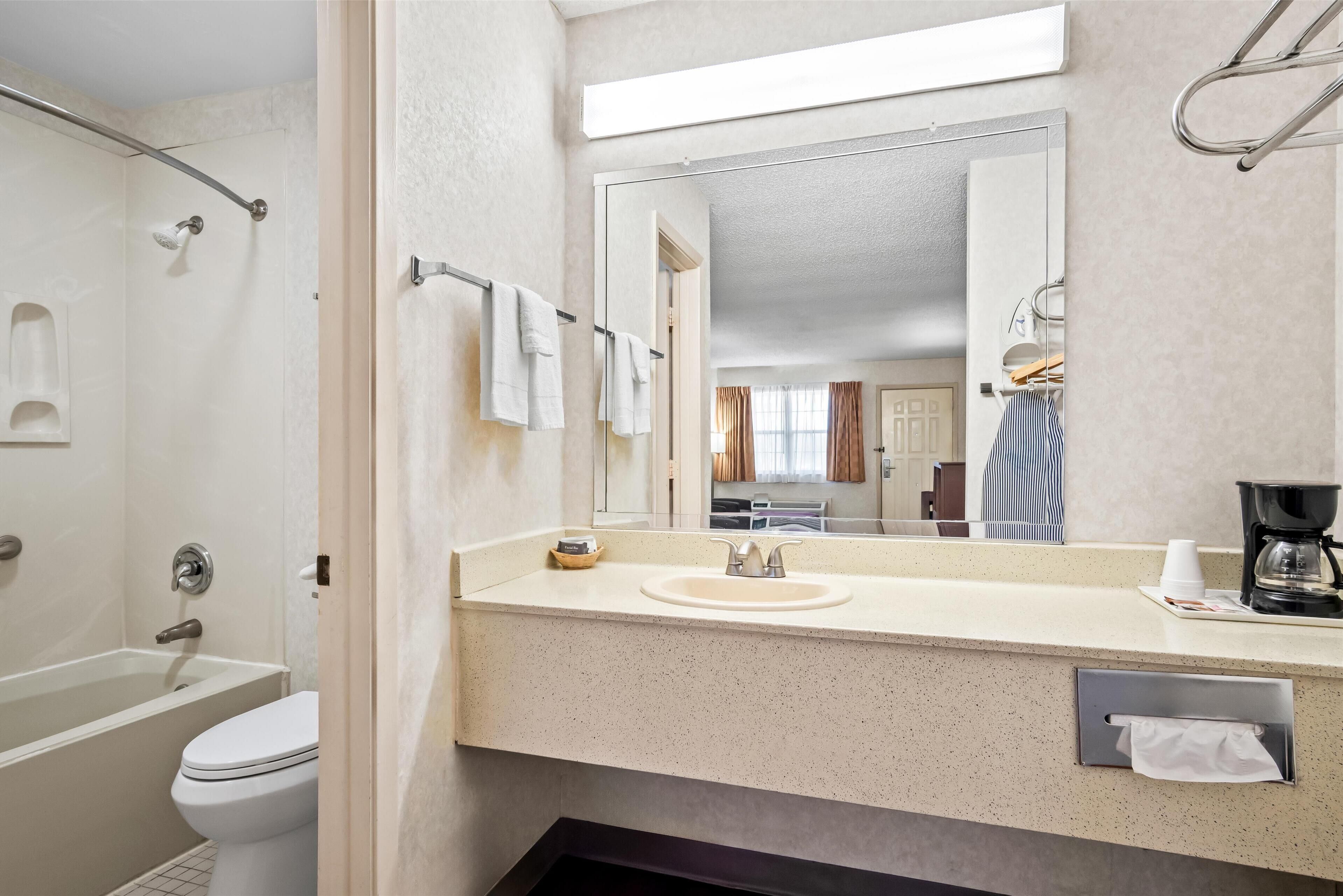 Un baño moderno con bañera, inodoro, lavabo y un espejo grande.